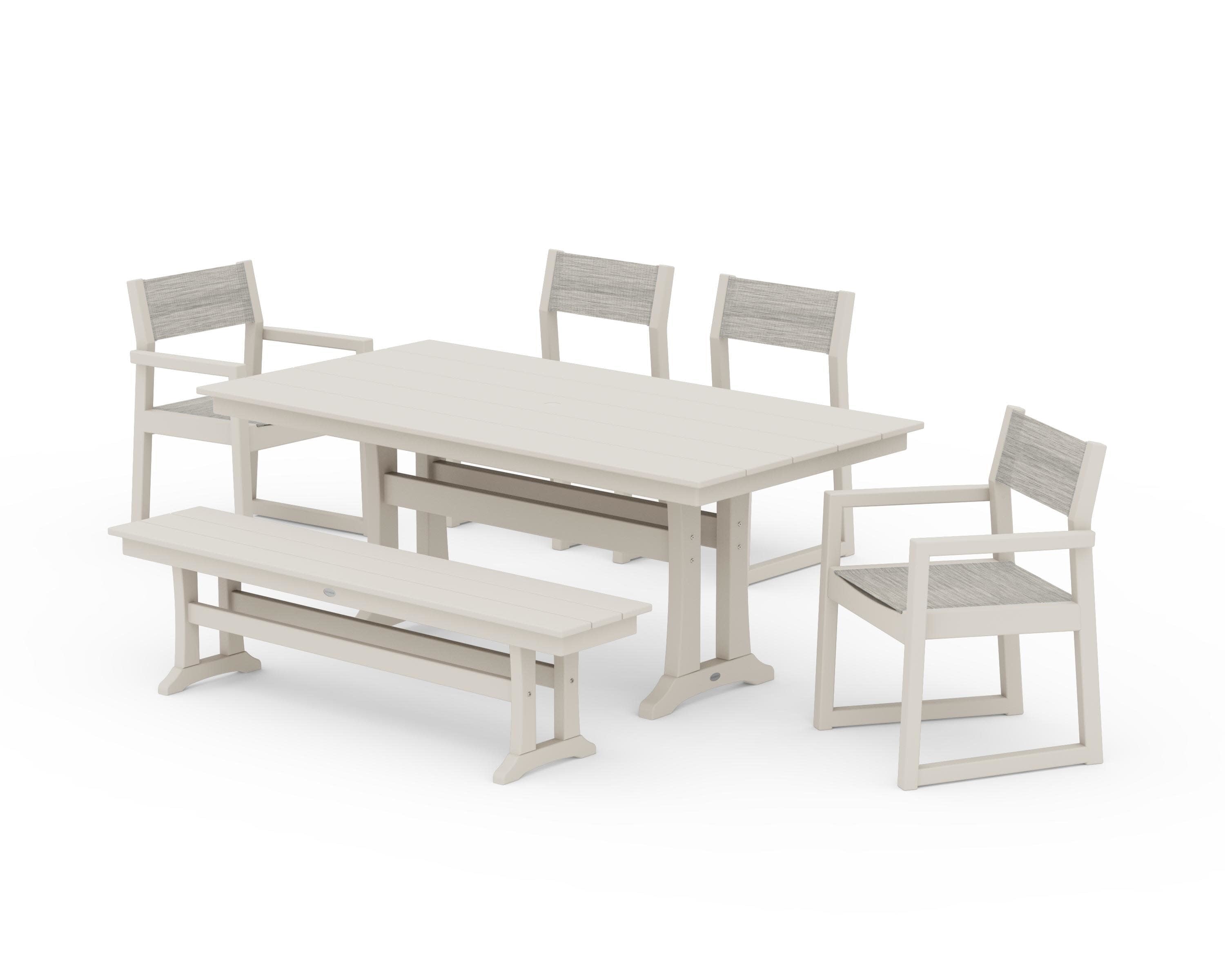 EDGE Sling 6-Piece Farmhouse Dining Set With Trestle Legs in Sand / Birch Sling