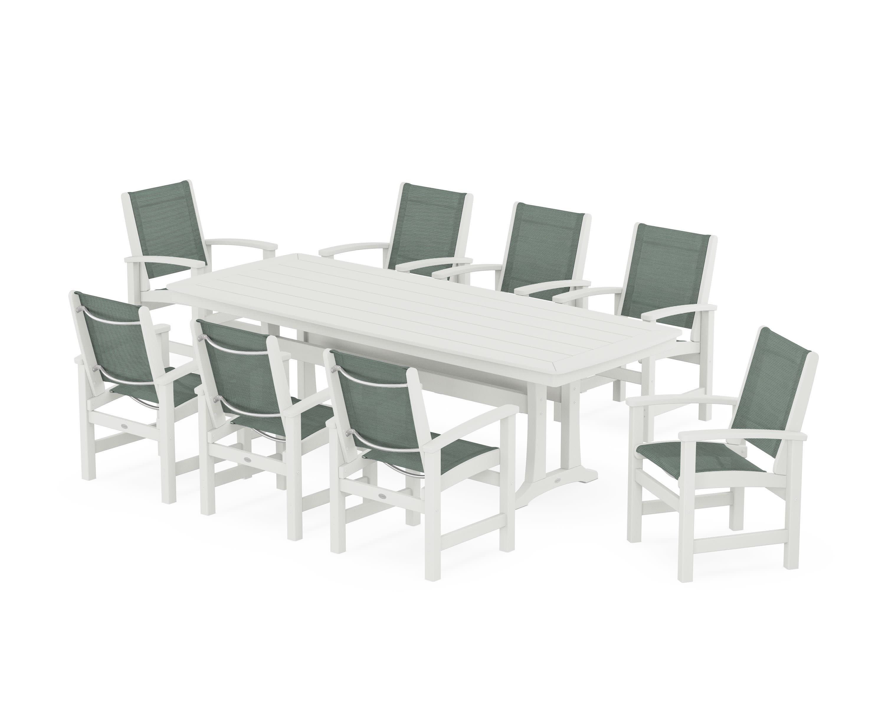Coastal 9-Piece Dining Set with Trestle Legs in Vintage White / Dupioni Sea Mist Sling