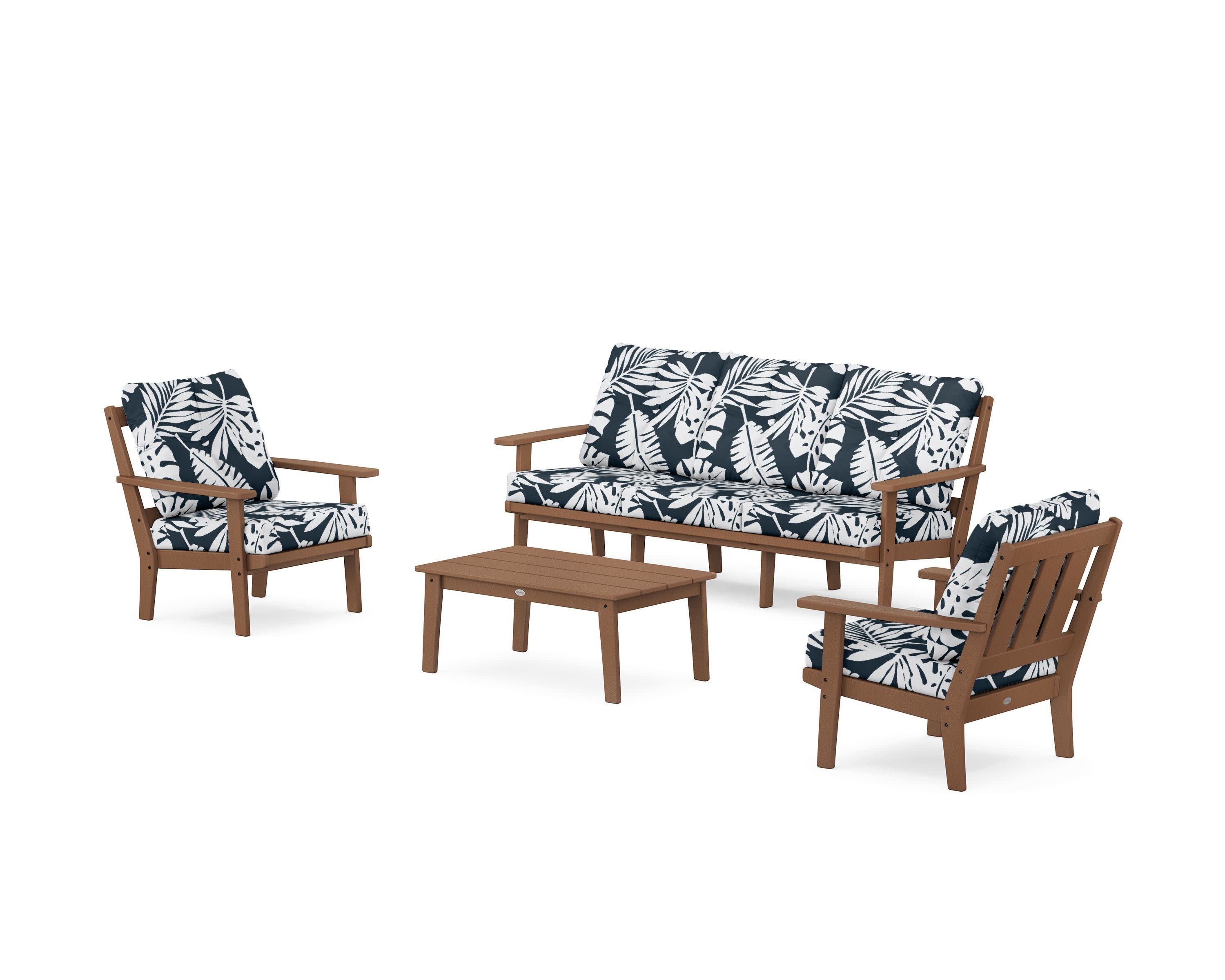 Oxford 4-Piece Deep Seating Set with Sofa in Teak / Leaf Marine Indigo