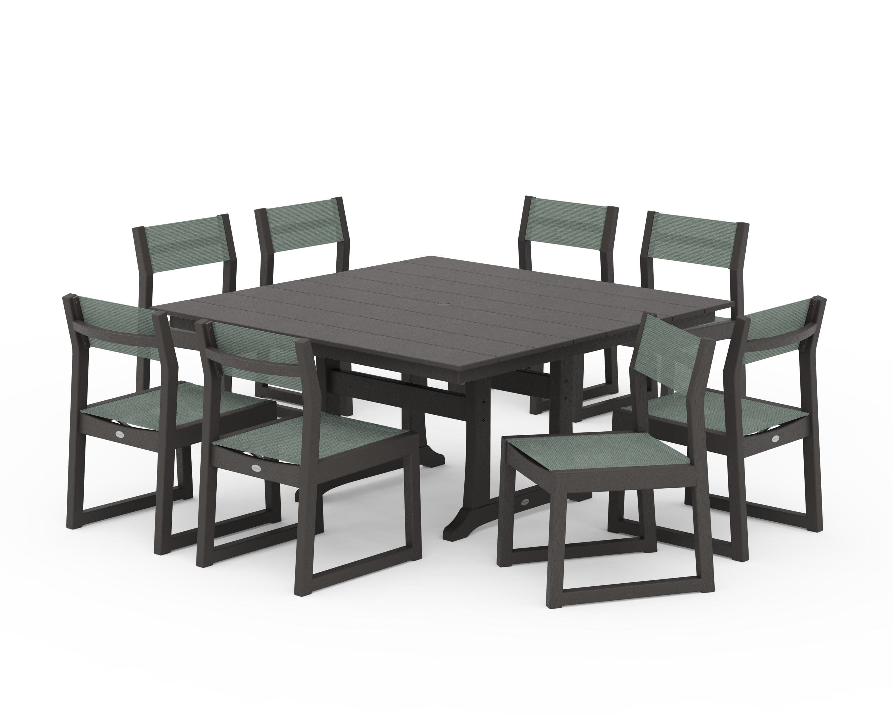 EDGE Sling Side Chair 9-Piece Farmhouse Trestle Dining Set in Vintage Coffee / Dupioni Sea Mist Sling