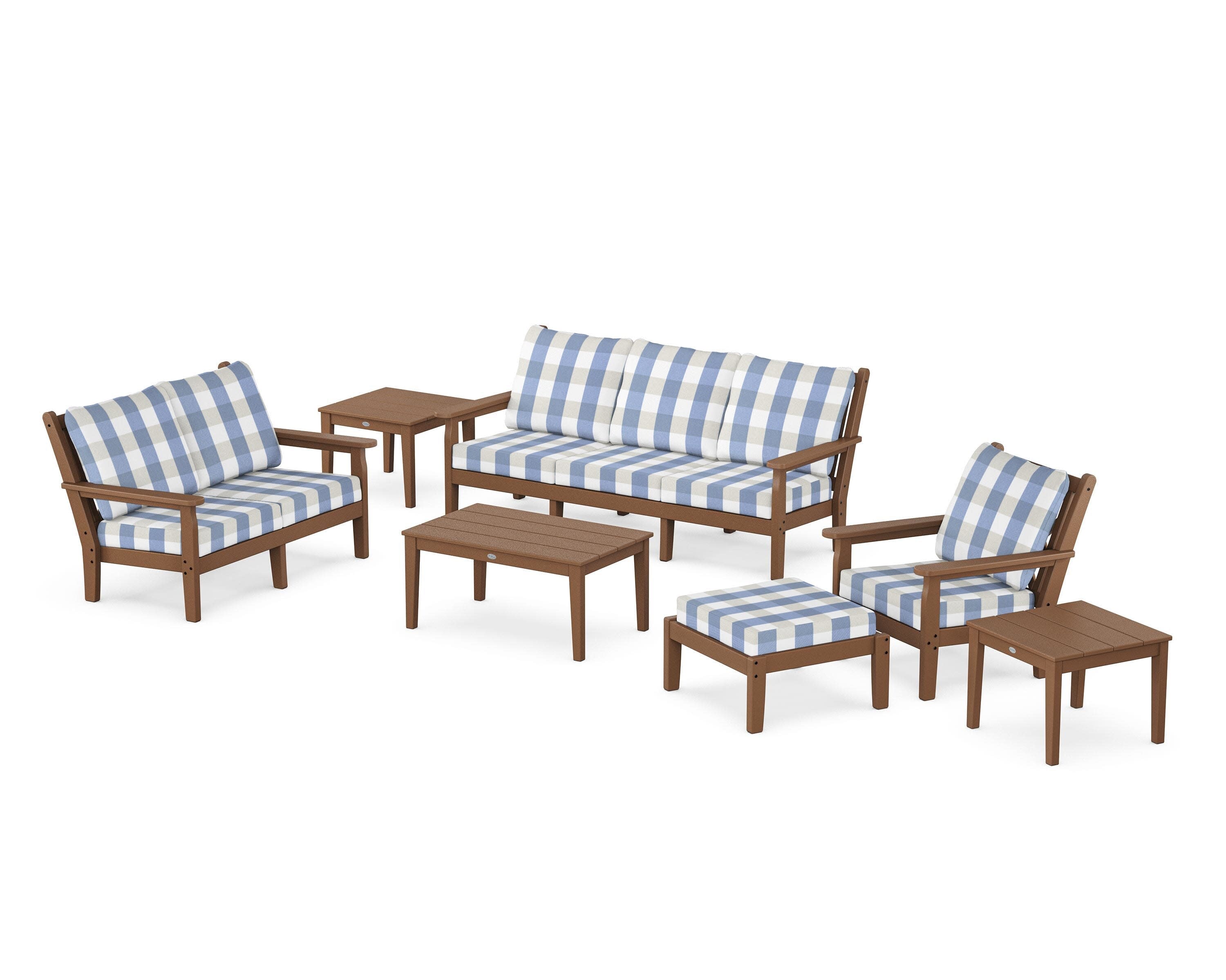 Chippendale 7-Piece Deep Seating Set in Teak / Buffalo Plaid Sky Blue