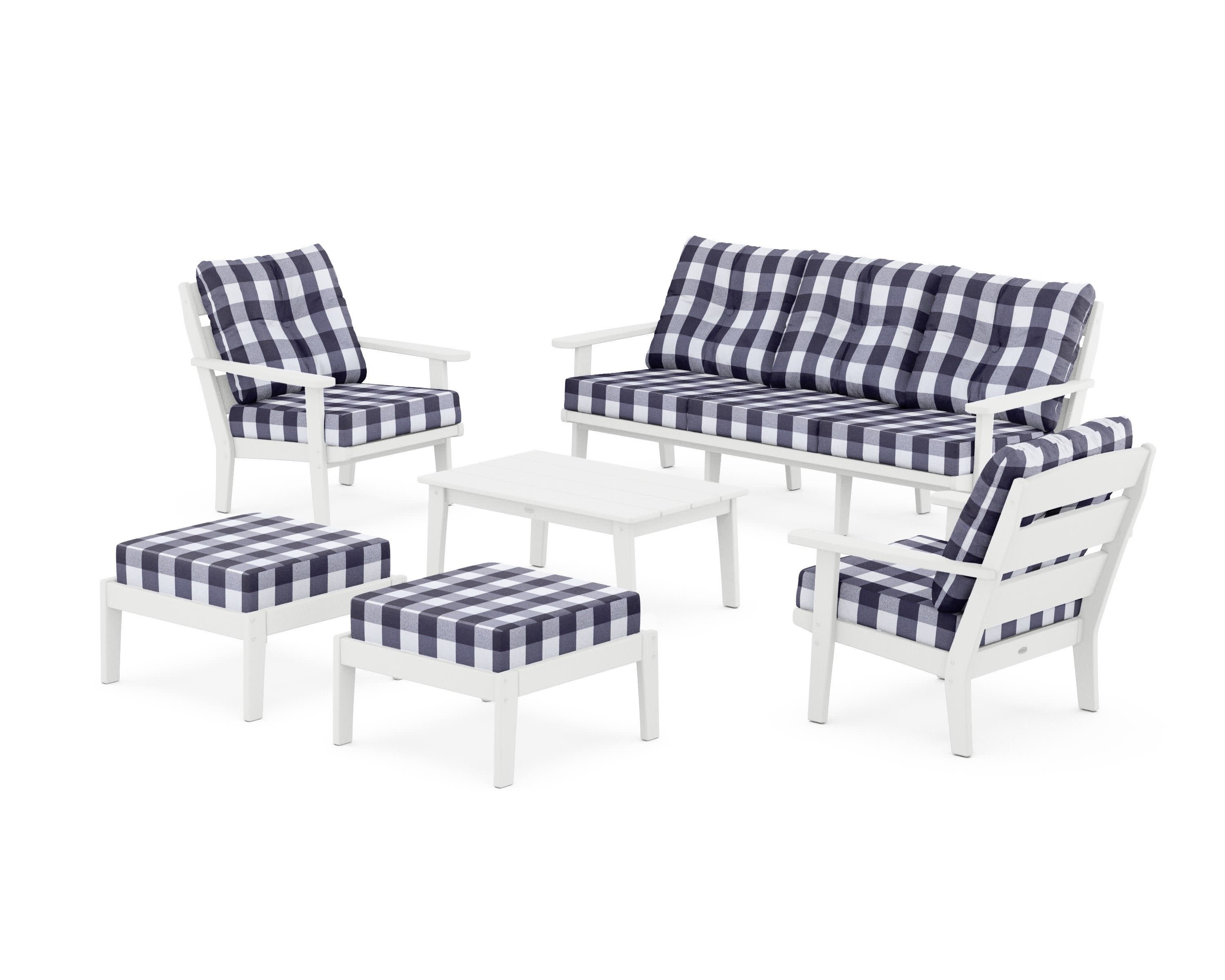 Lakeside 6-Piece Lounge Sofa Set in White / Buffalo Plaid Navy