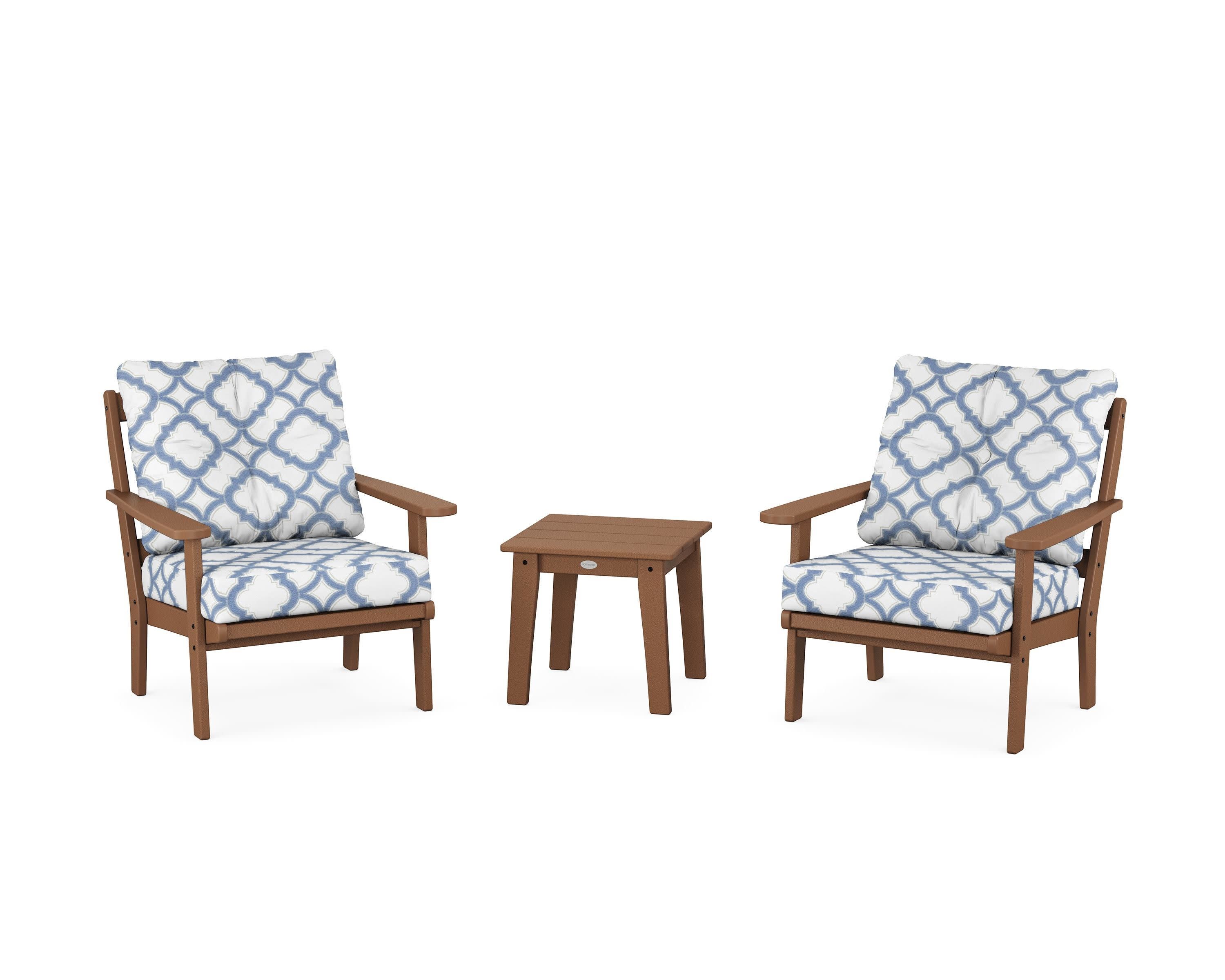 Mission 3-Piece Deep Seating Set in Teak / Trellis Sky Blue