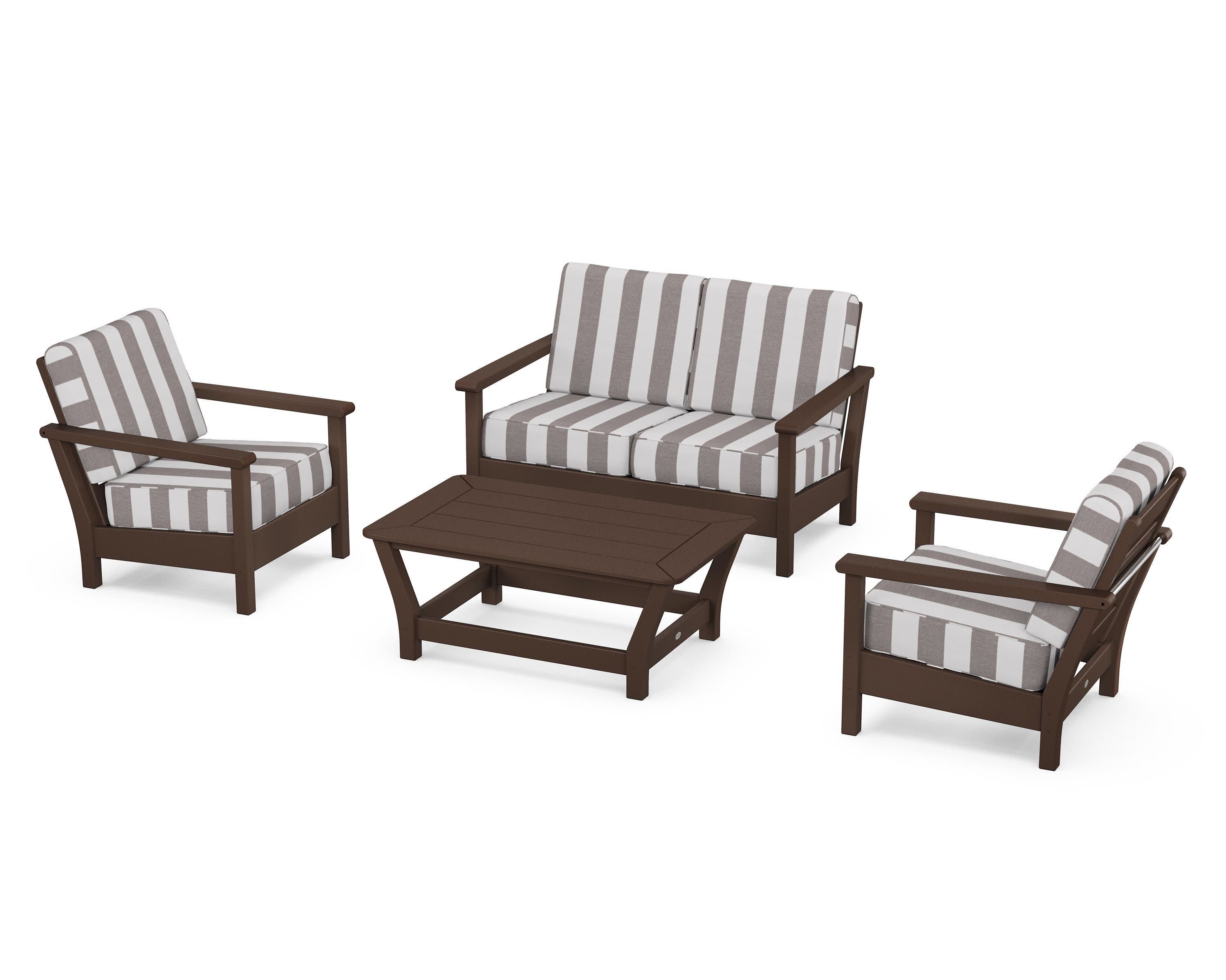 Harbour 4-Piece Deep Seating Set in Mahogany / Cabana Stripe Grey Mist