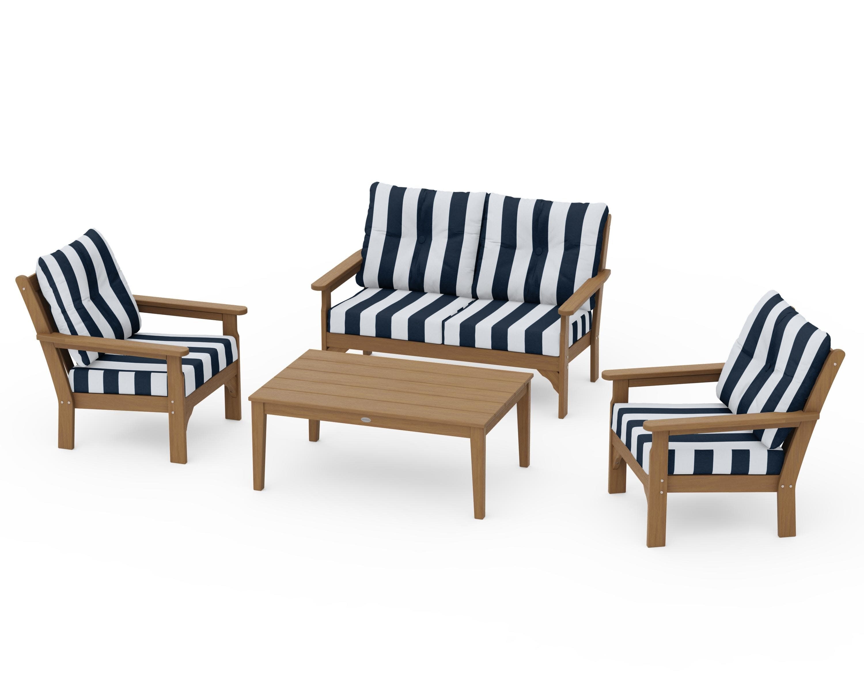 Vineyard 4-Piece Deep Seating Set in Natural / Cabana Stripe Marine Indigo