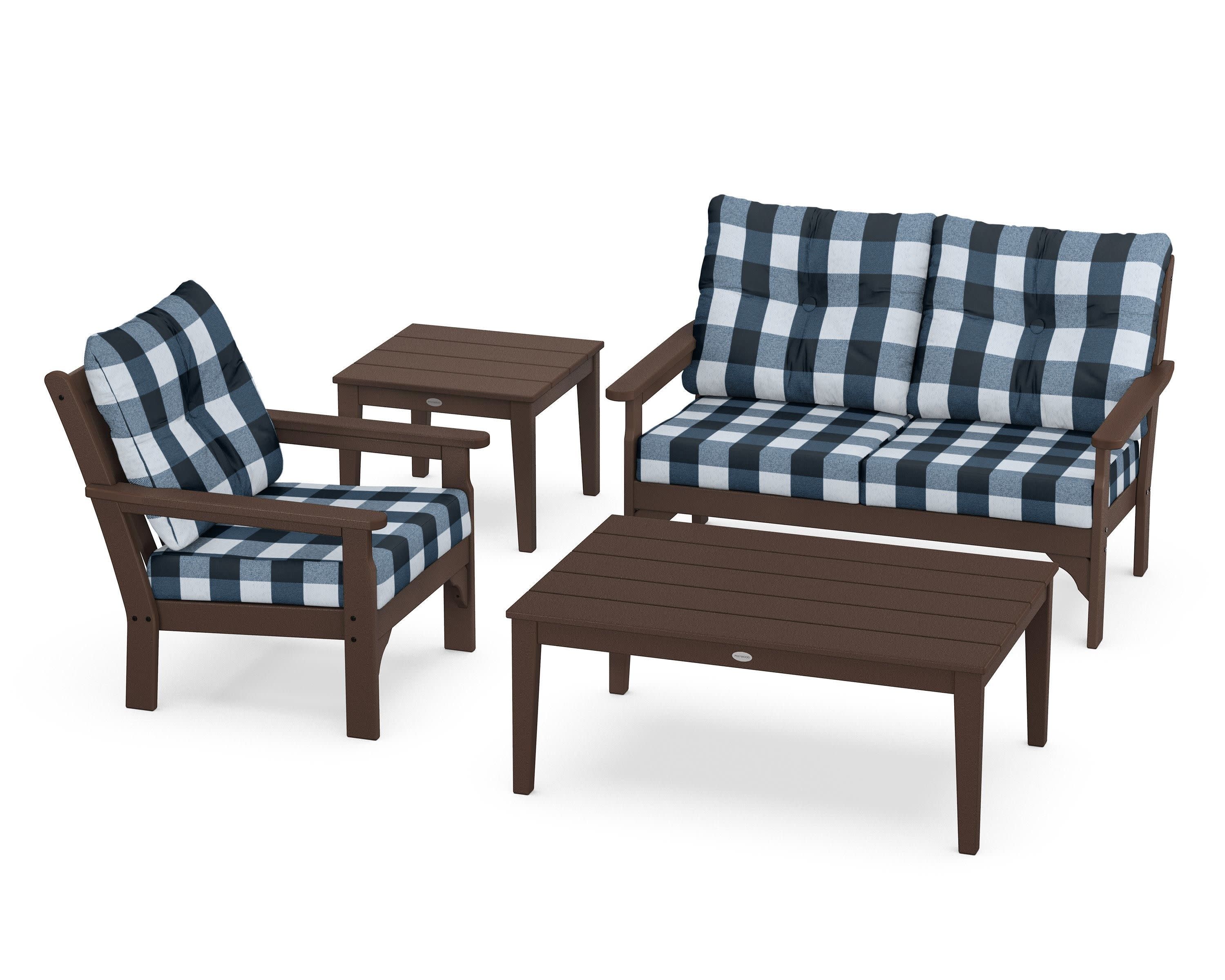 Vineyard 4-Piece Deep Seating Set in Mahogany / Buffalo Plaid Marine Indigo