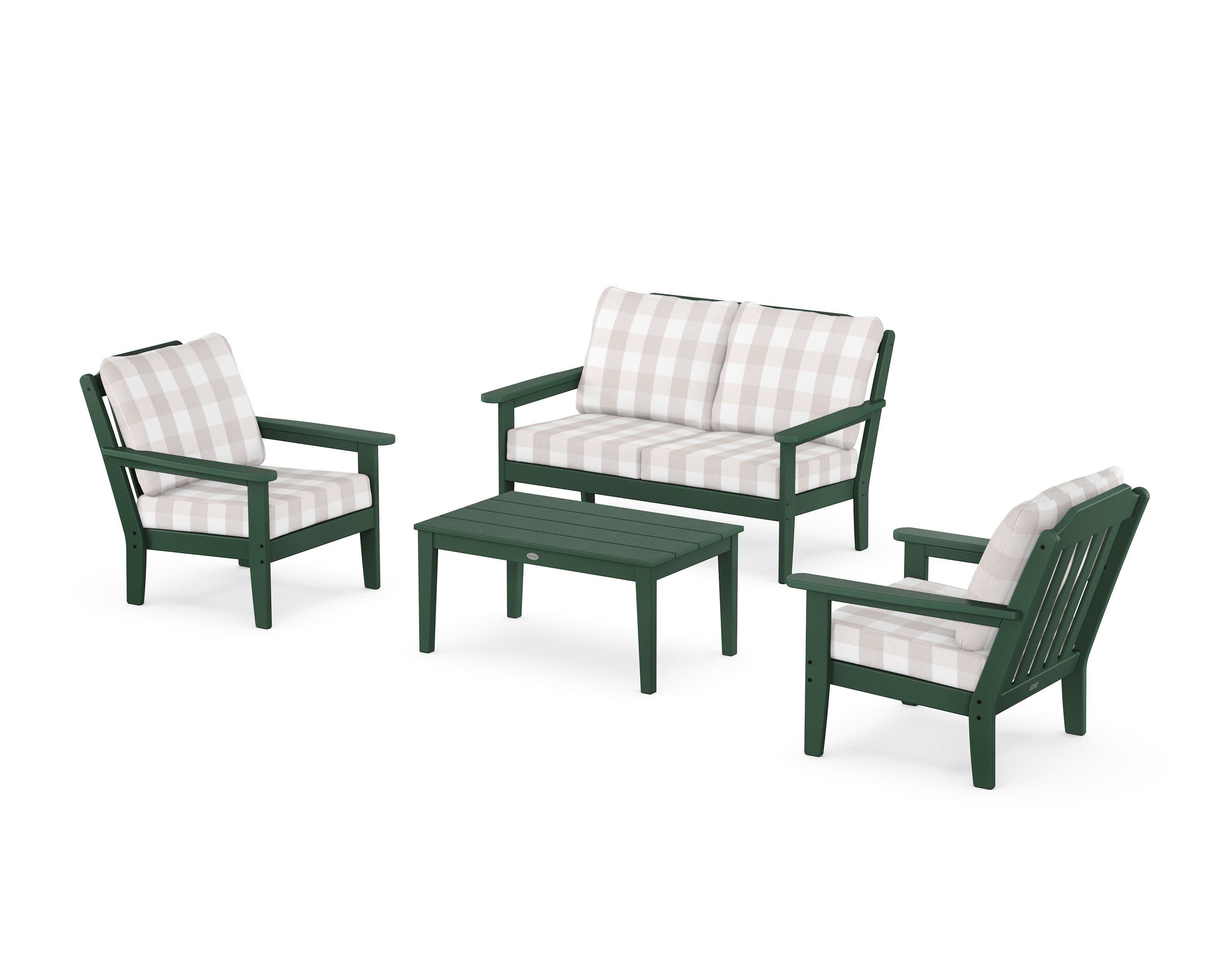 Cottage 4-Piece Deep Seating Set with Loveseat in Green / Buffalo Plaid Dune Burlap