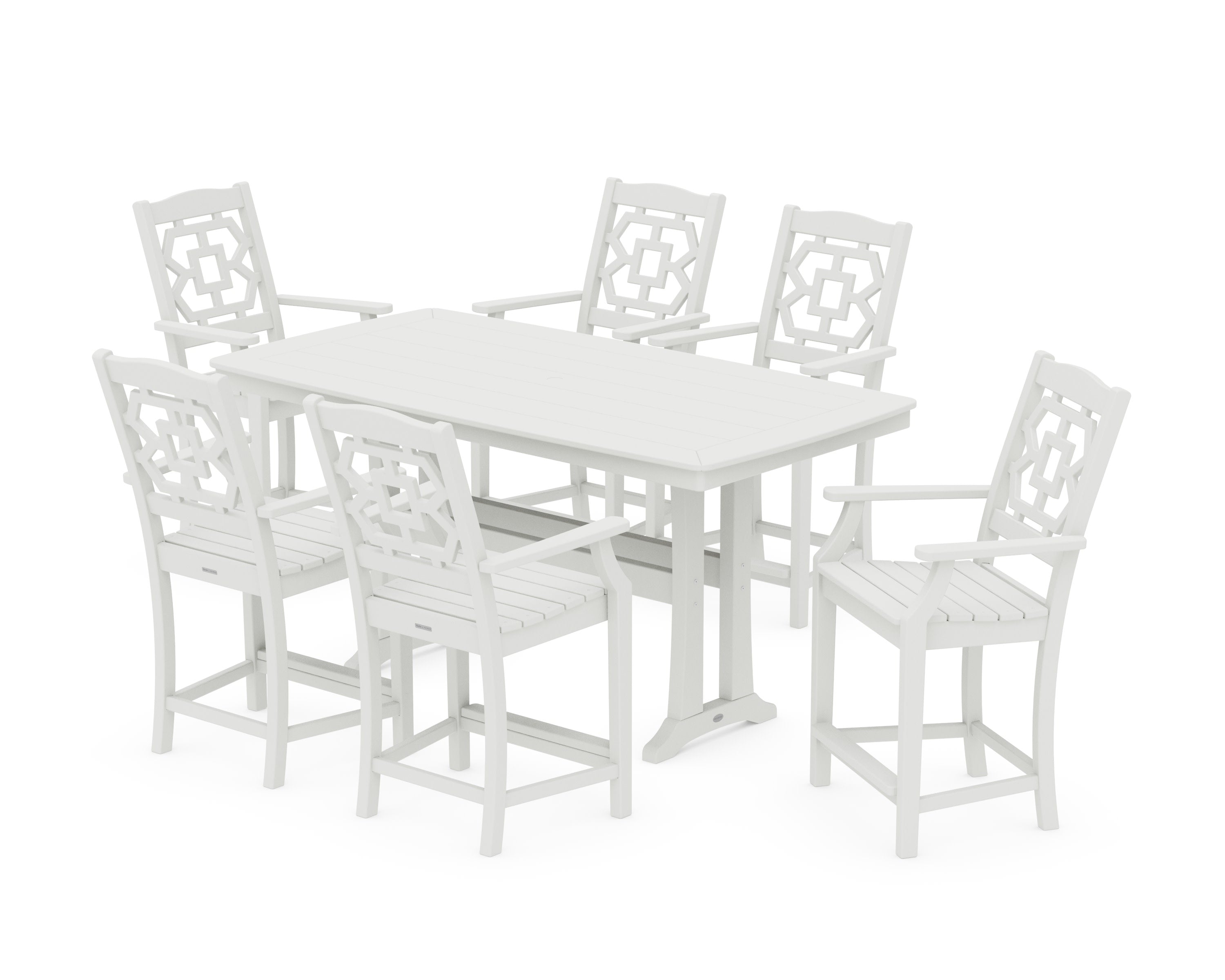 Chinoiserie Arm Chair 7-Piece Counter Set with Trestle Legs in Vintage White