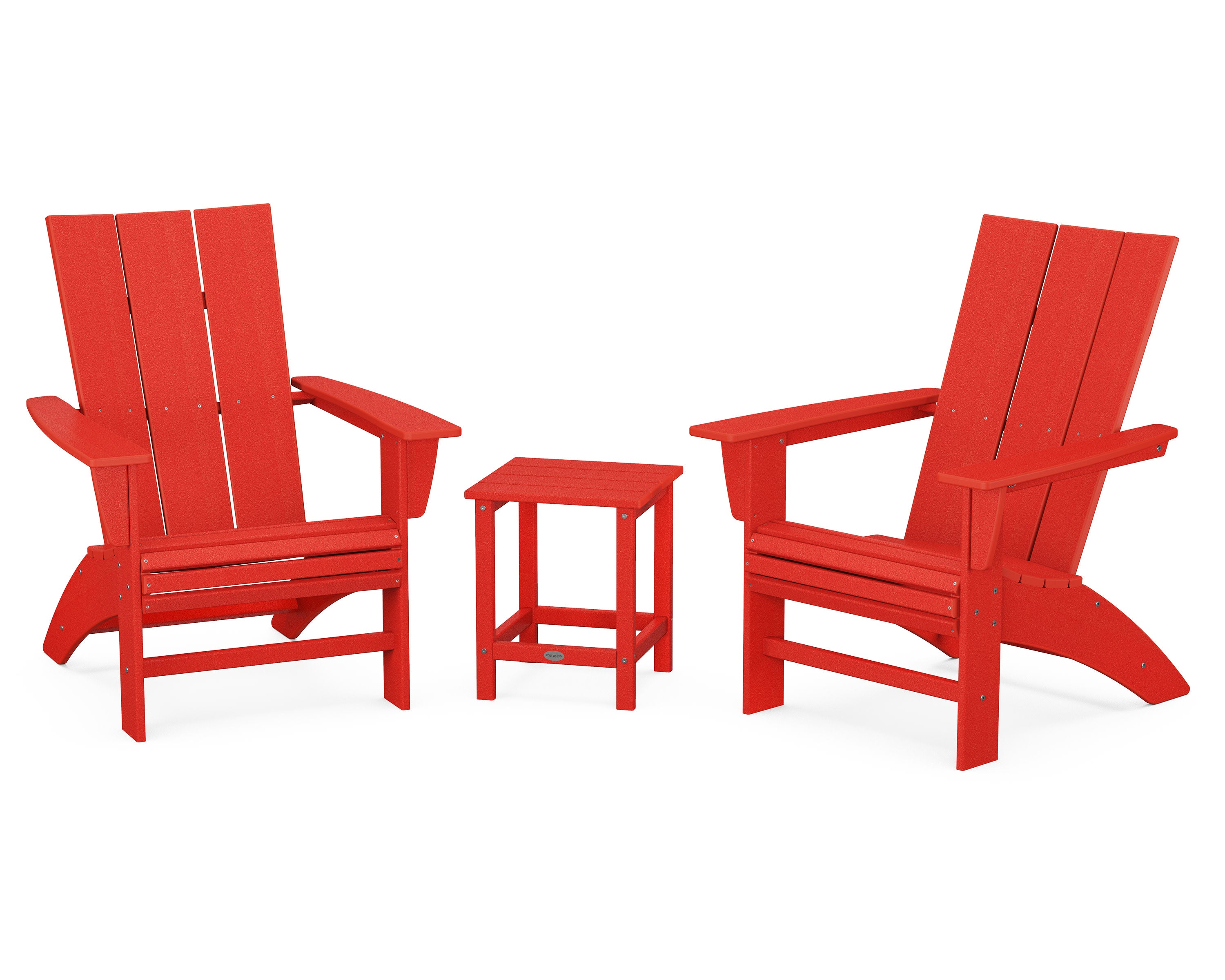 Modern 3-Piece Curveback Adirondack Set with Long Island 18" Side Table in Sunset Red