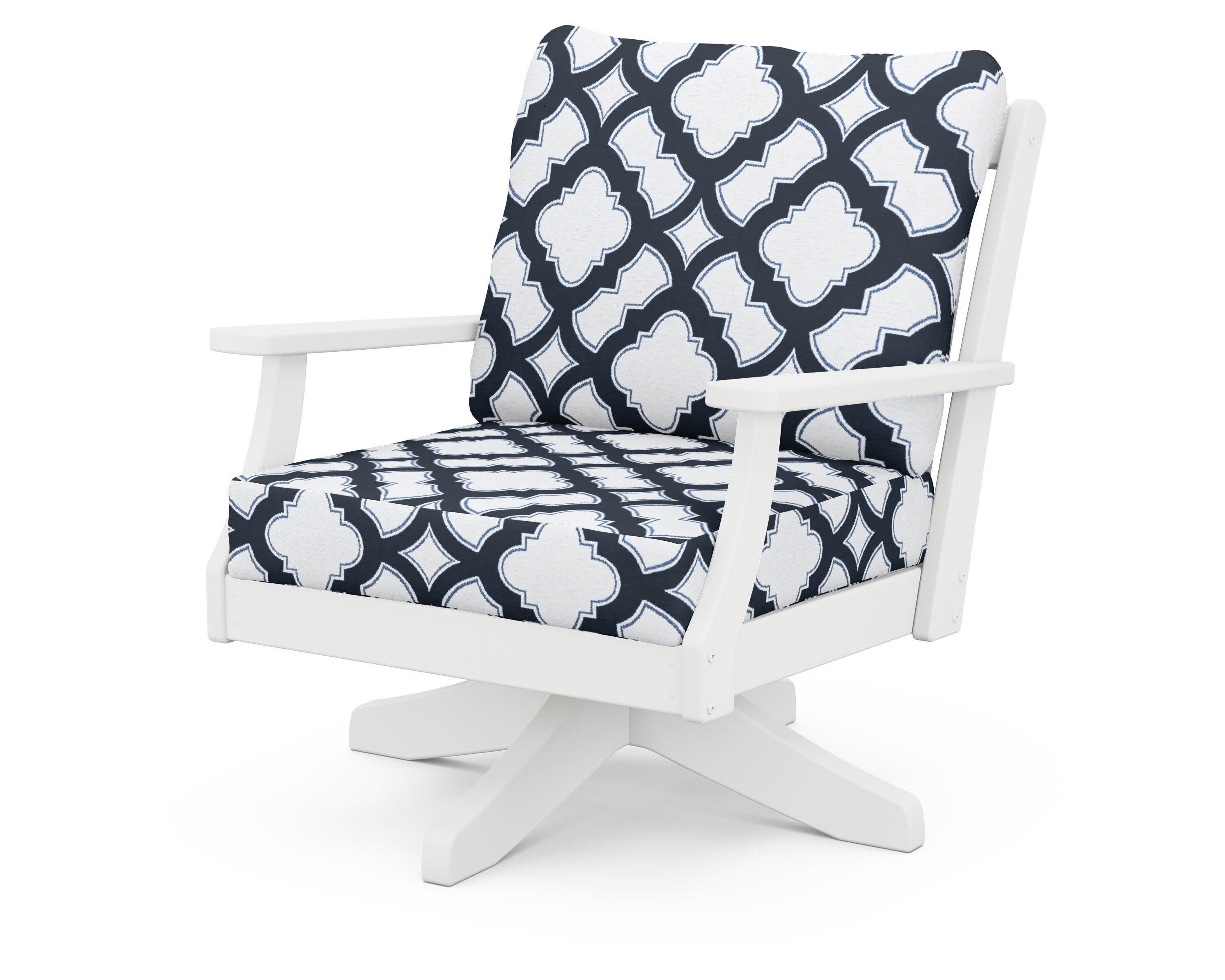 Braxton Deep Seating Swivel Chair in White / Trellis Marine Indigo