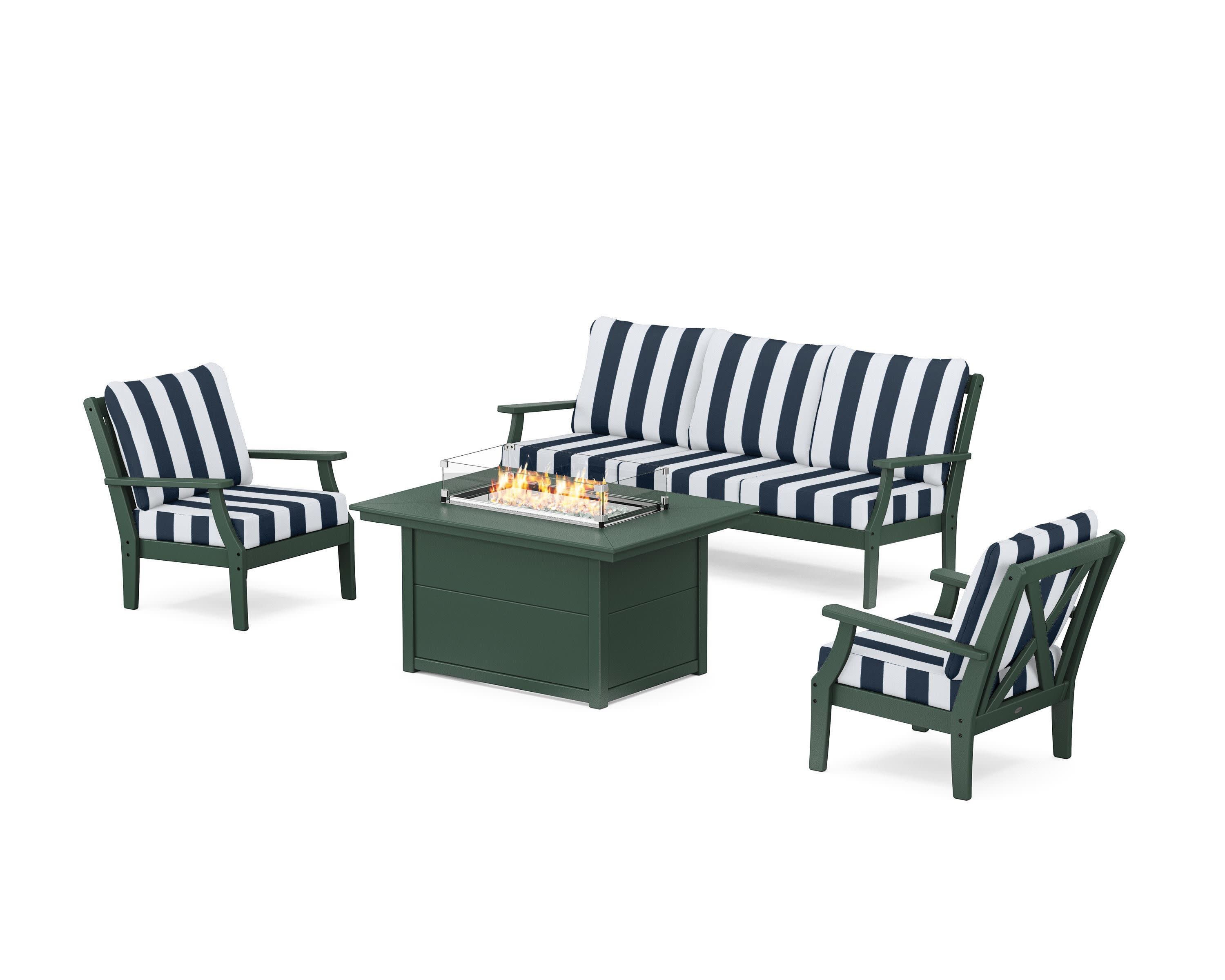 Braxton Deep Seating Fire Pit Table Set in Green / Cabana Stripe Marine Indigo