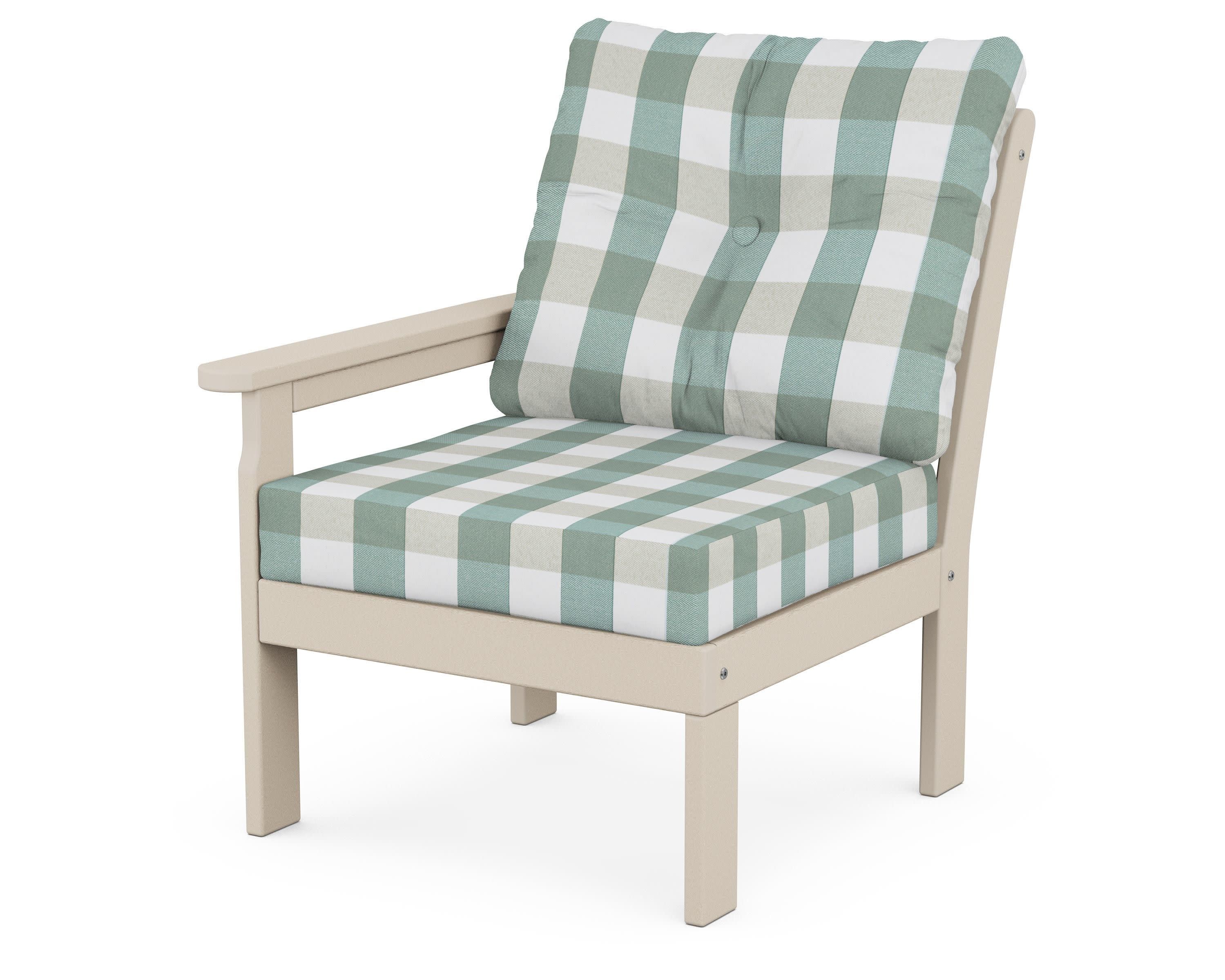 Vineyard Modular Left Arm Chair in Sand / Buffalo Plaid Glacier Spa