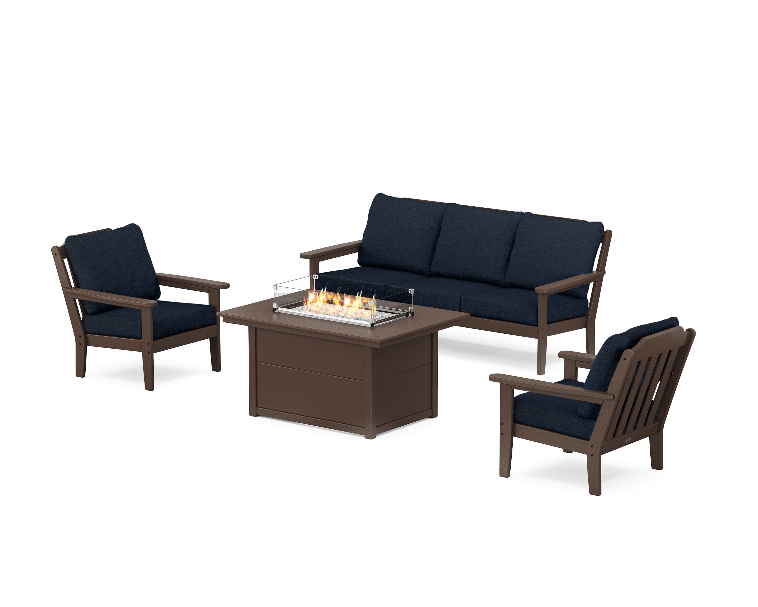 Cottage Deep Seating Fire Pit Table Set in Mahogany / Marine Indigo