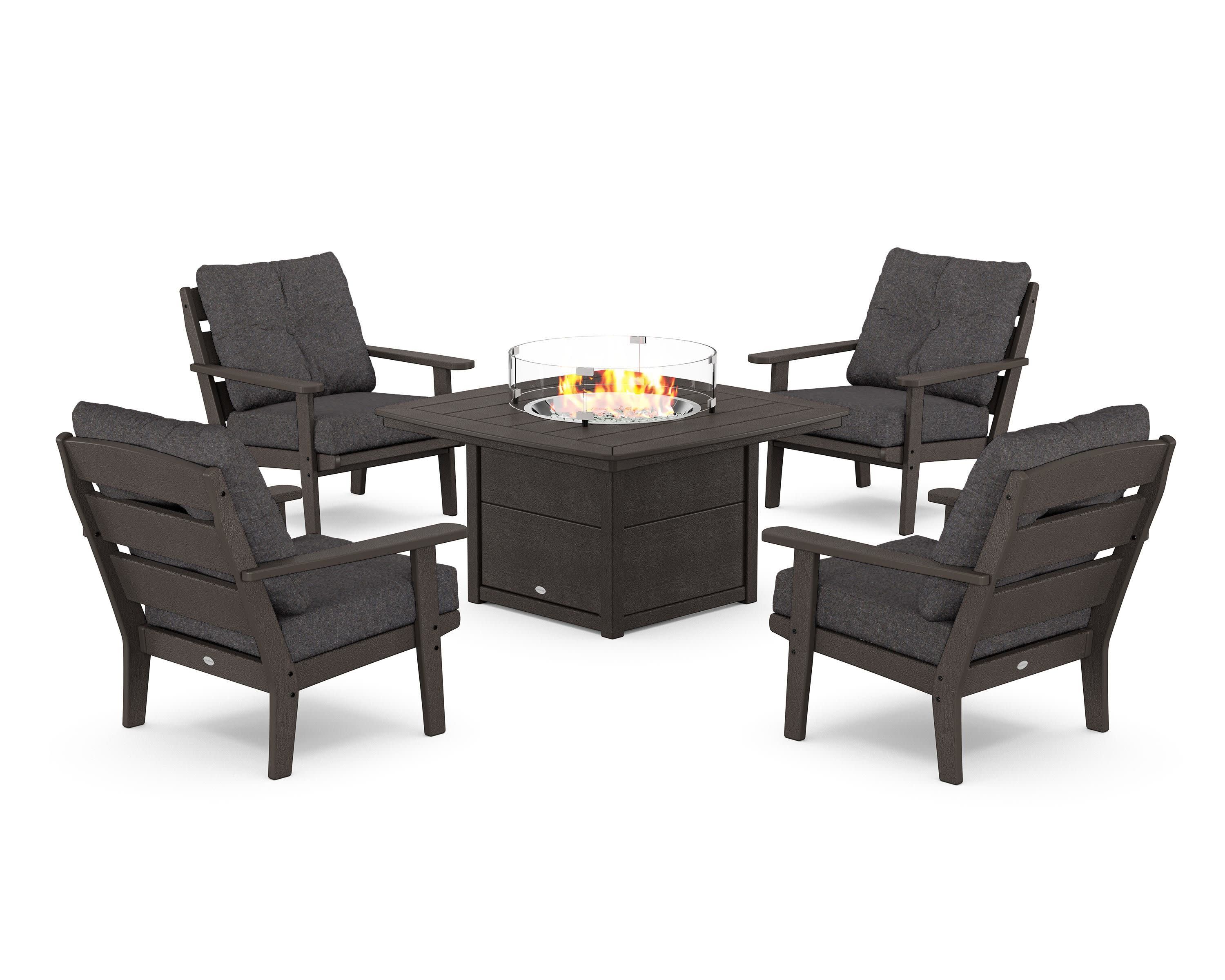 Lakeside 5-Piece Deep Seating Set with Nautical Fire Pit Table in Vintage Coffee / Ash Charcoal