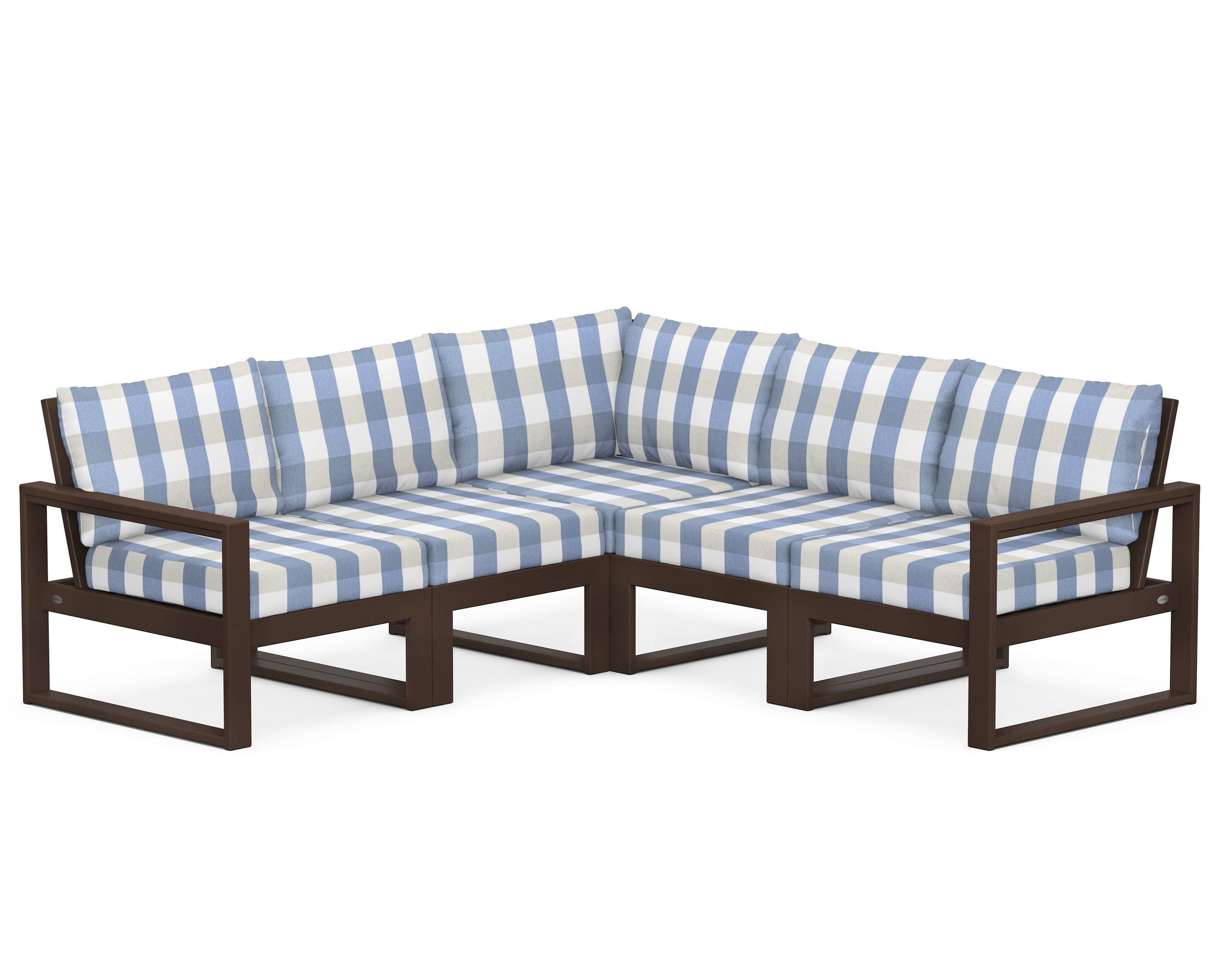 EDGE 5-Piece Modular Deep Seating Set in Mahogany / Buffalo Plaid Sky Blue
