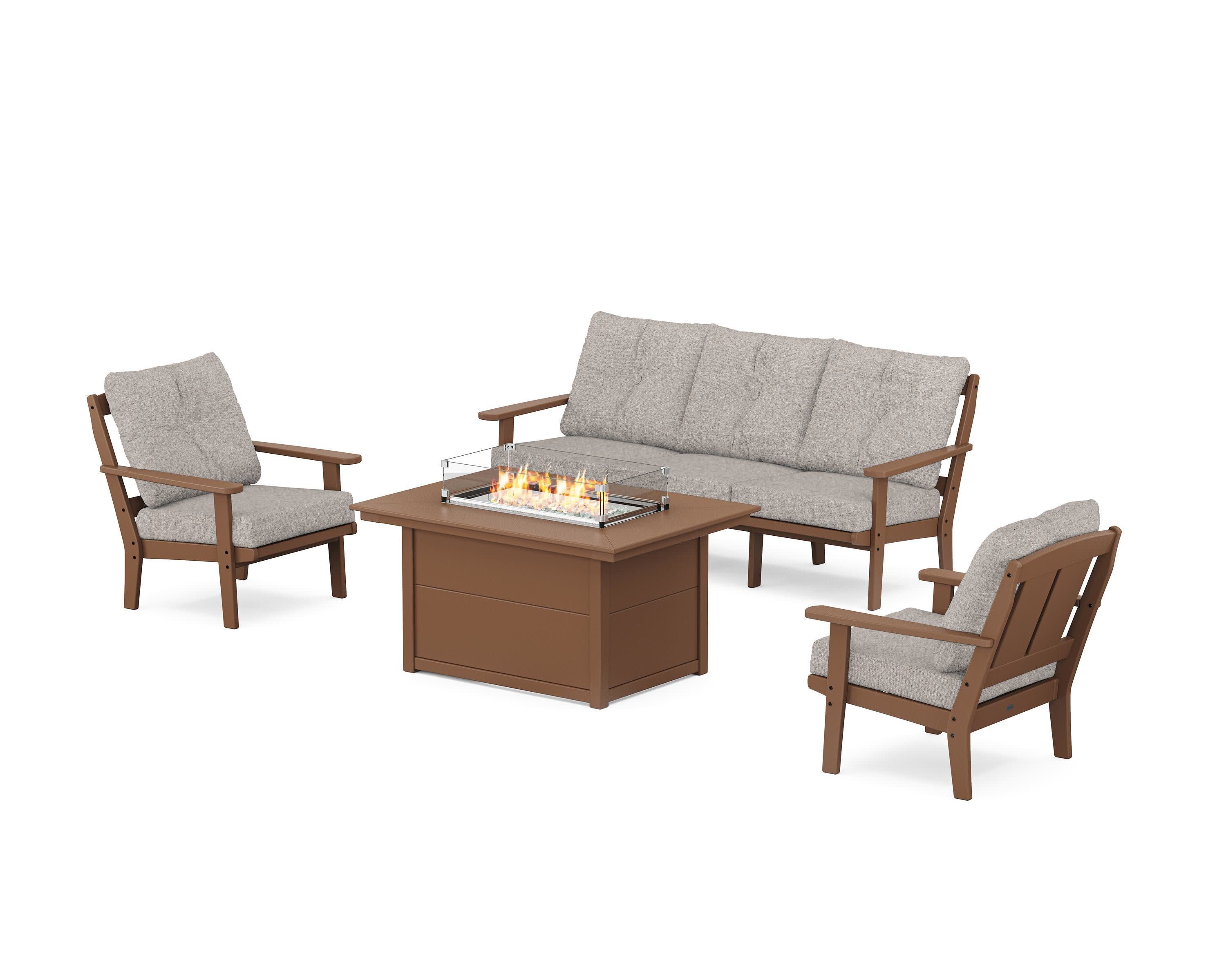 Mission Deep Seating Fire Pit Table Set in Teak / Weathered Tweed