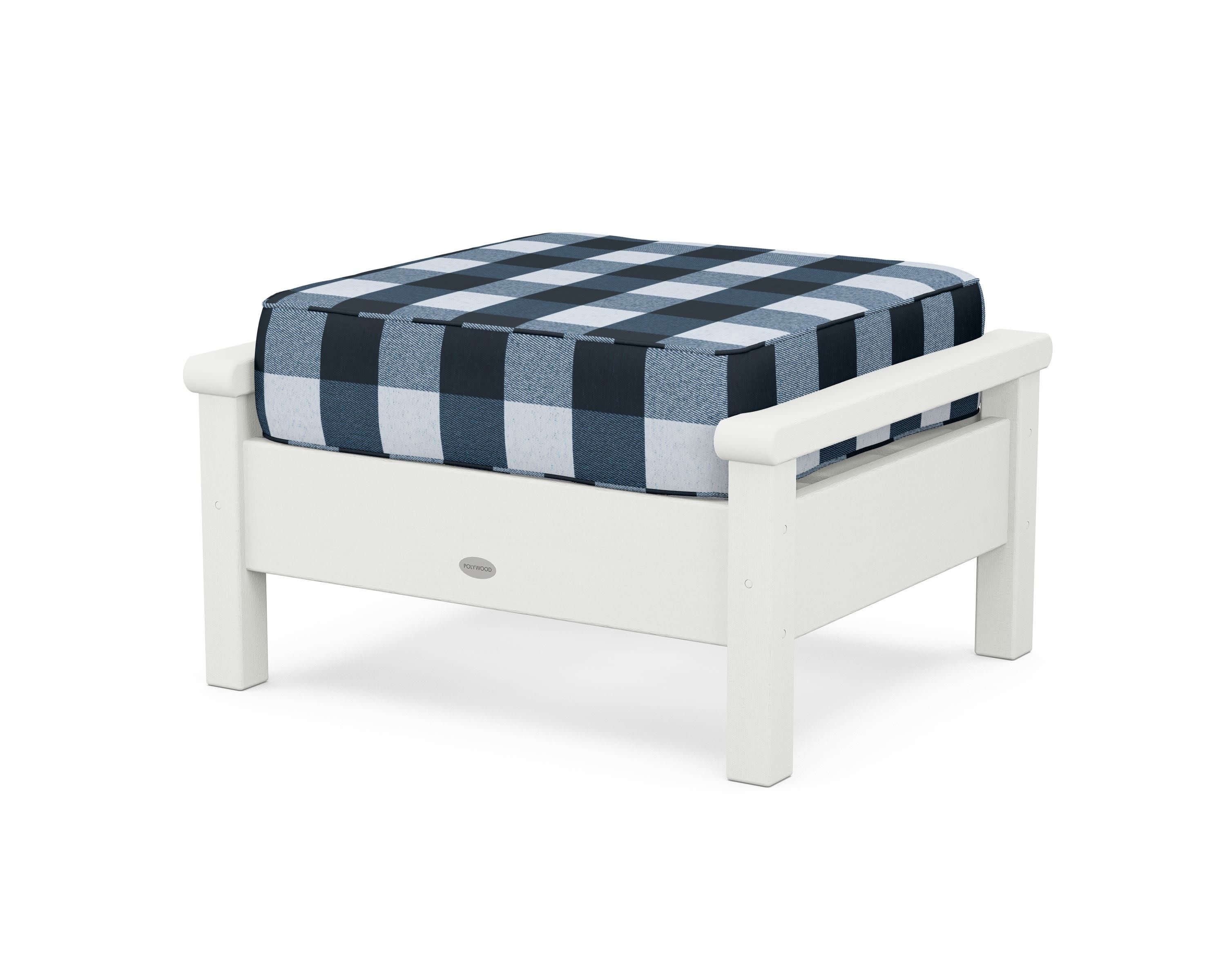 Harbour Deep Seating Ottoman in Vintage White / Buffalo Plaid Marine Indigo