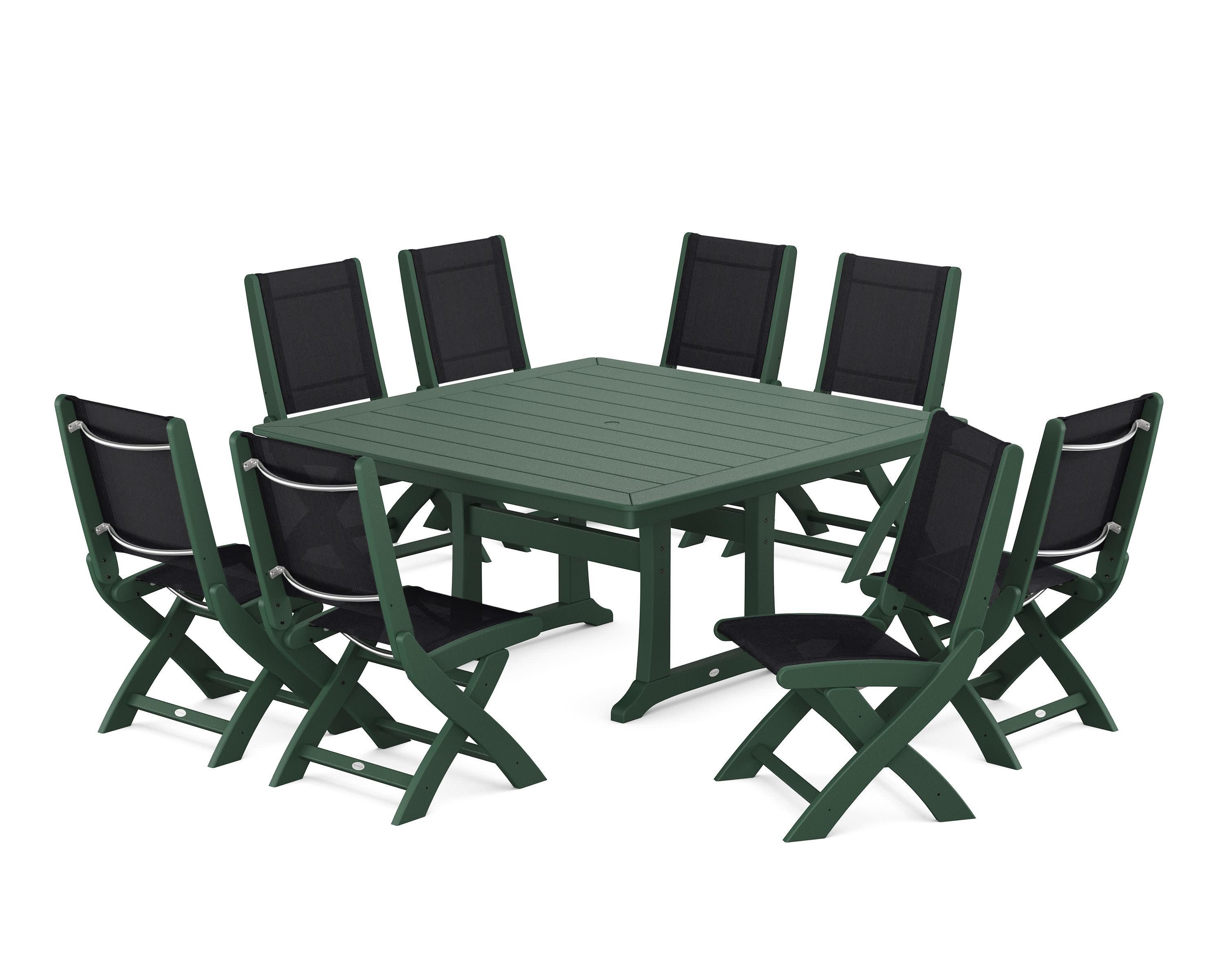 Coastal Folding Side Chair 9-Piece Dining Set with Trestle Legs in Green / Black Sling