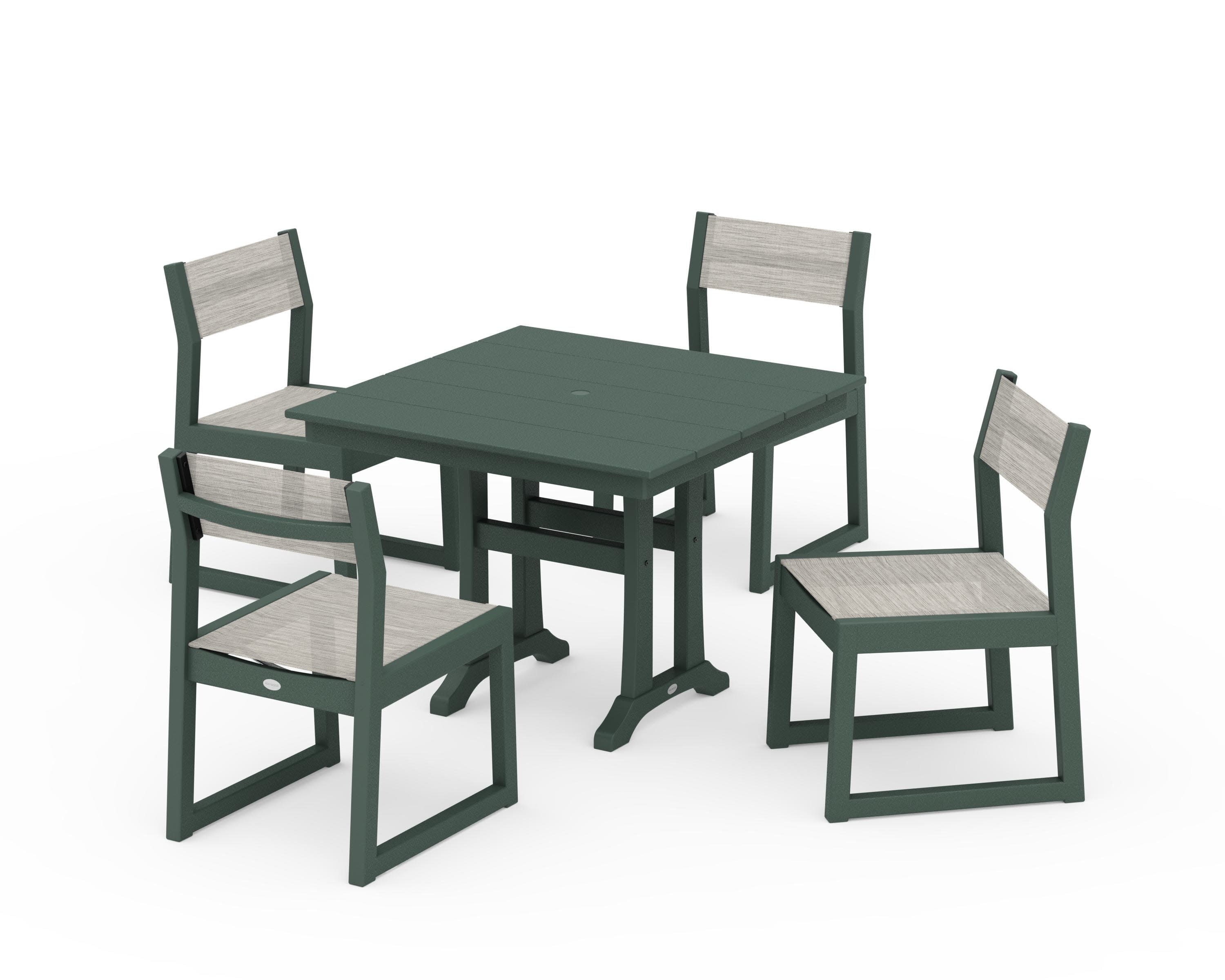 EDGE Sling 5-Piece Farmhouse Trestle Side Chair Dining Set in Green / Birch Sling