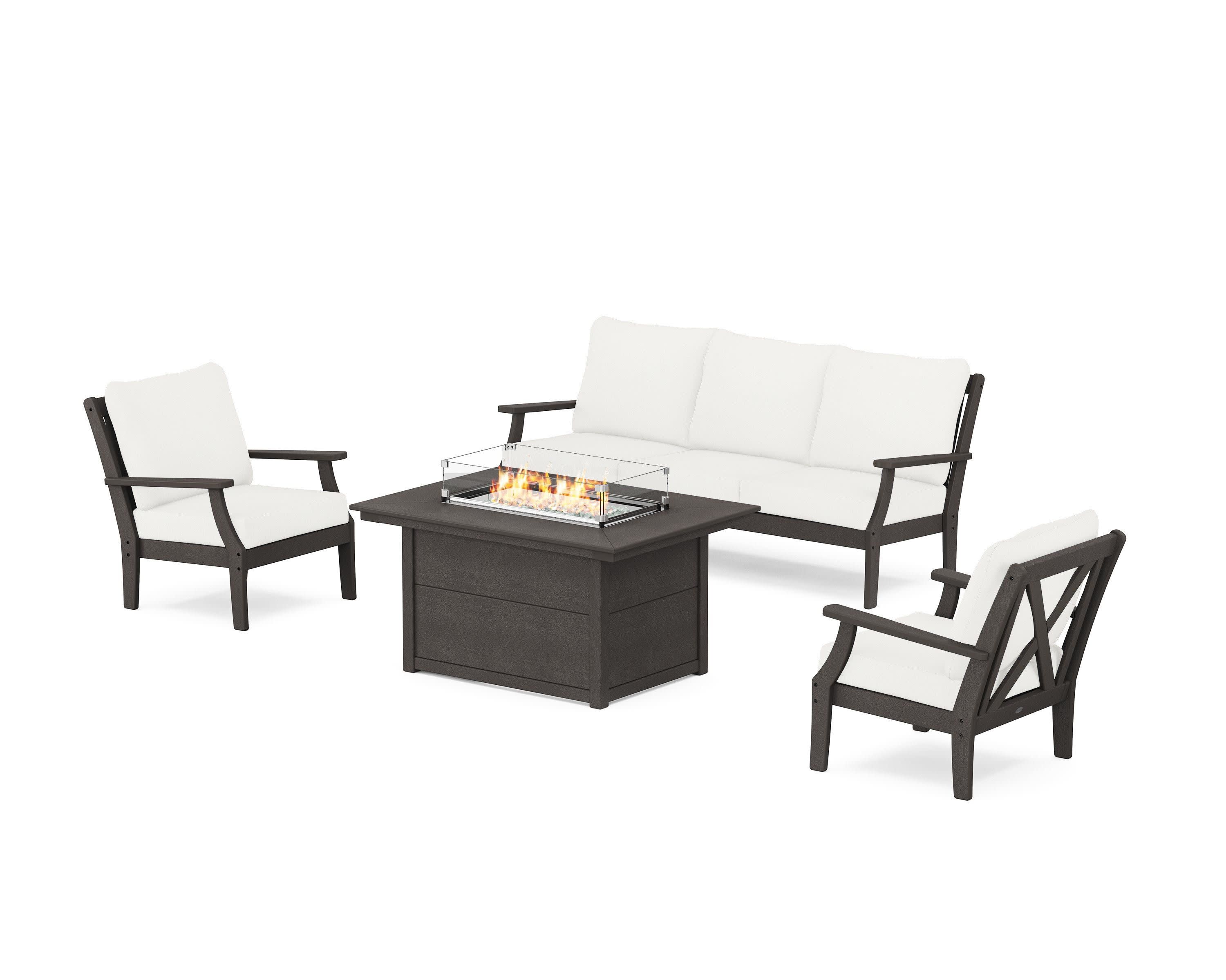Braxton Deep Seating Fire Pit Table Set in Vintage Coffee / Natural Linen