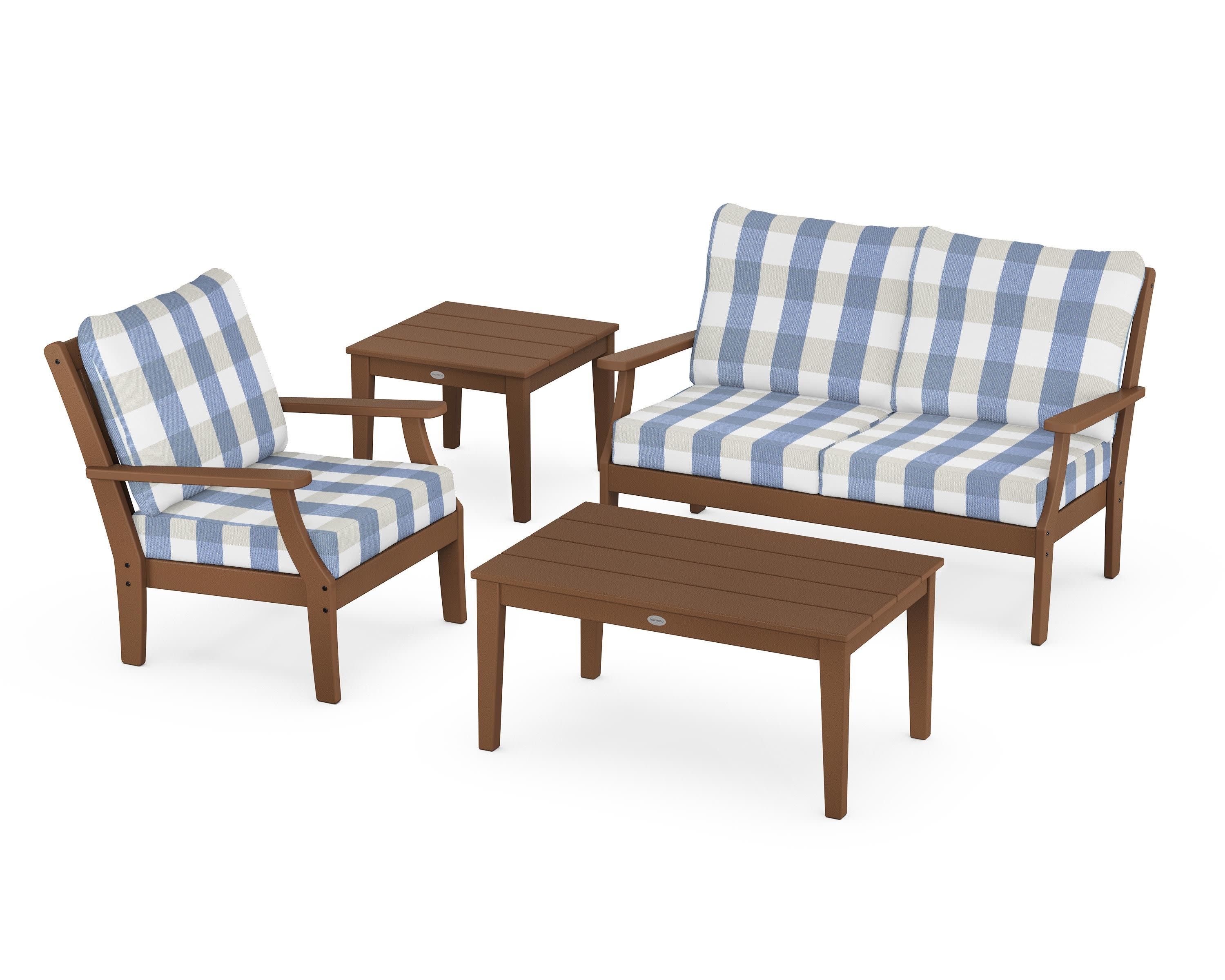 Braxton 4-Piece Deep Seating Set in Teak / Buffalo Plaid Sky Blue