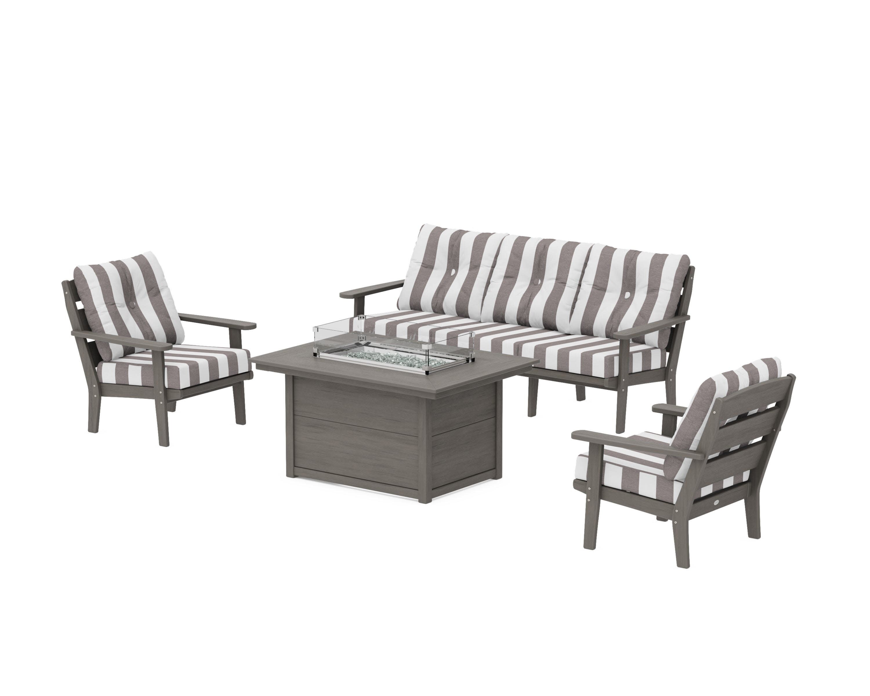 Lakeside Deep Seating Fire Pit Table Set in Driftwood / Cabana Stripe Grey Mist