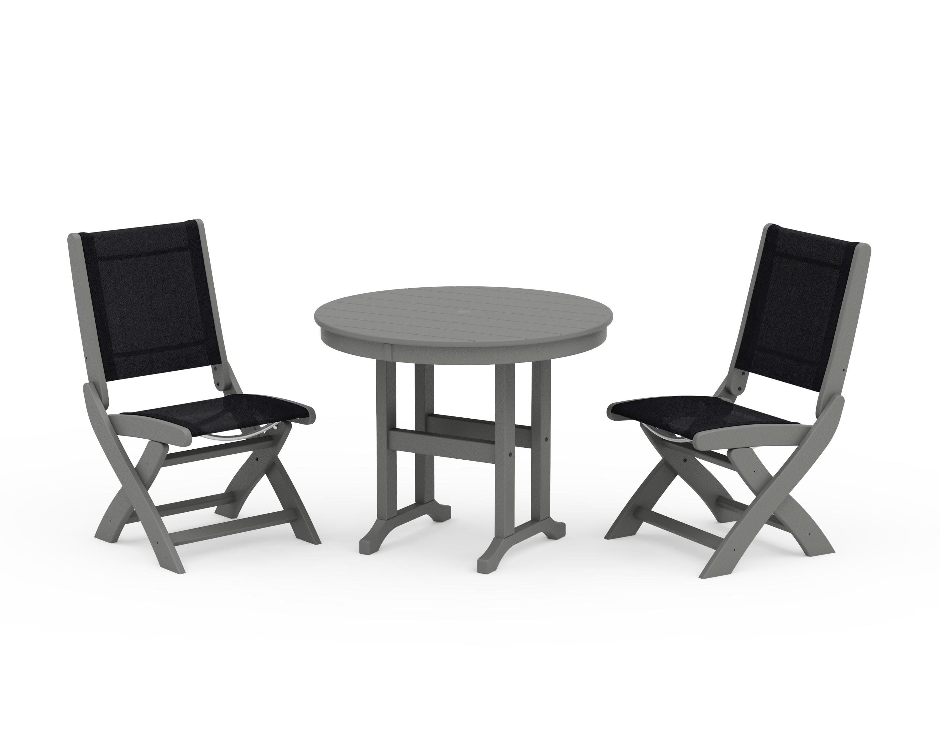 Coastal Folding Side Chair 3-Piece Round Dining Set in Slate Grey / Black Sling