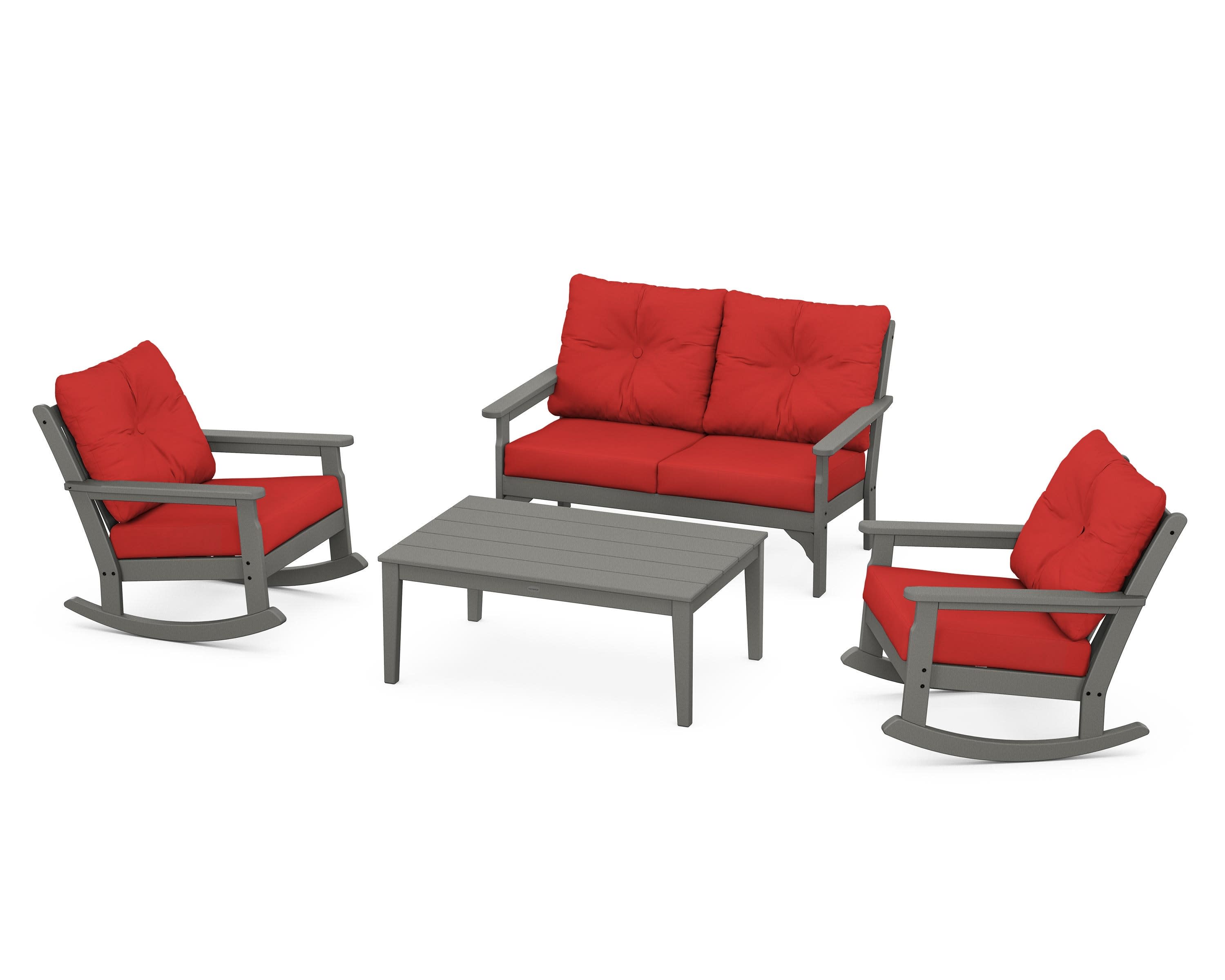 Vineyard 4-Piece Deep Seating Rocking Chair Set in Slate Grey / Crimson Linen