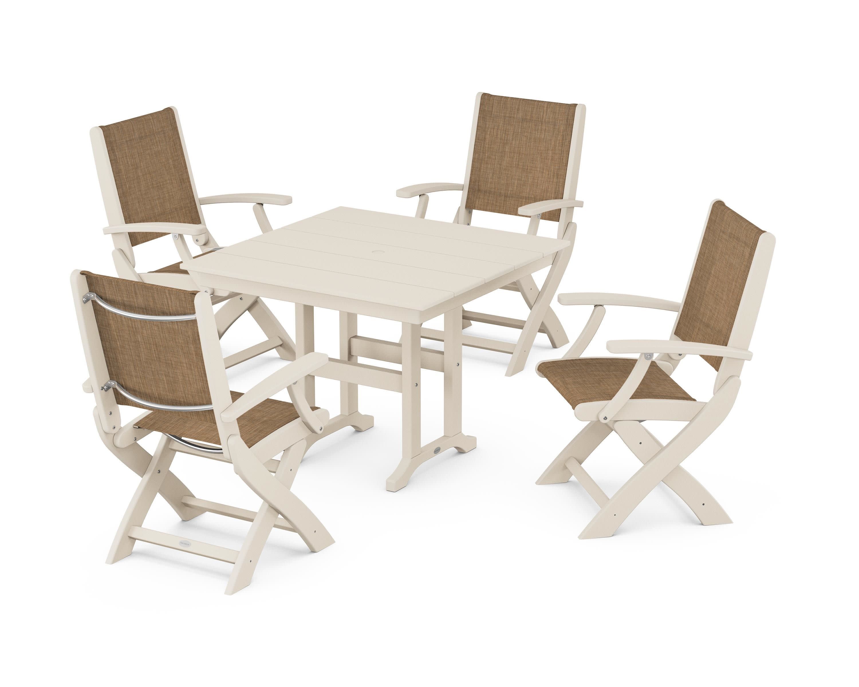 Coastal Folding Chair 5-Piece Farmhouse Dining Set in Sand / Burlap Sling