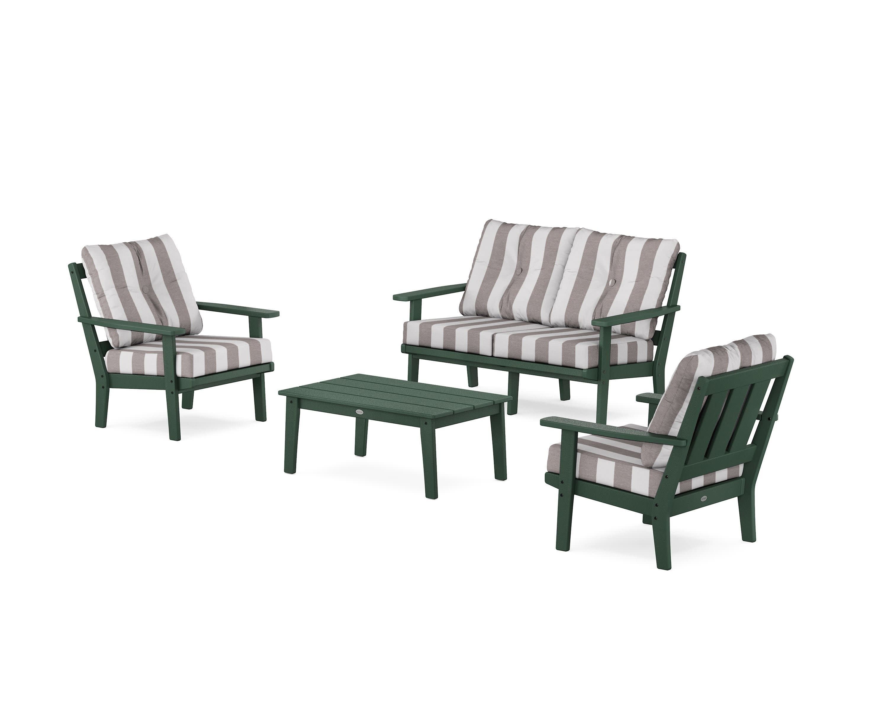 Oxford 4-Piece Deep Seating Set with Loveseat in Green / Cabana Stripe Grey Mist
