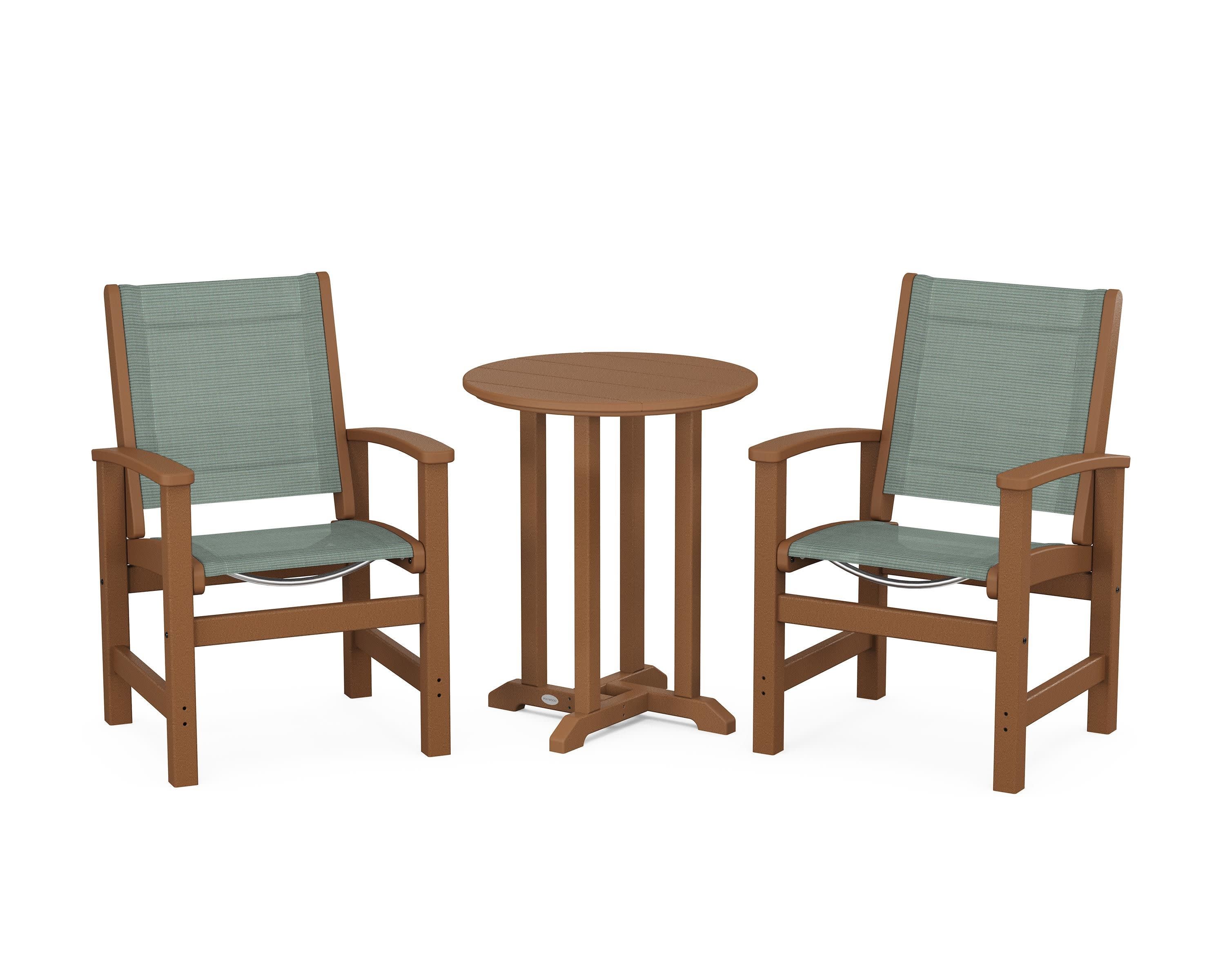Coastal 3-Piece Round Bistro Dining Set in Teak / Dupioni Sea Mist Sling