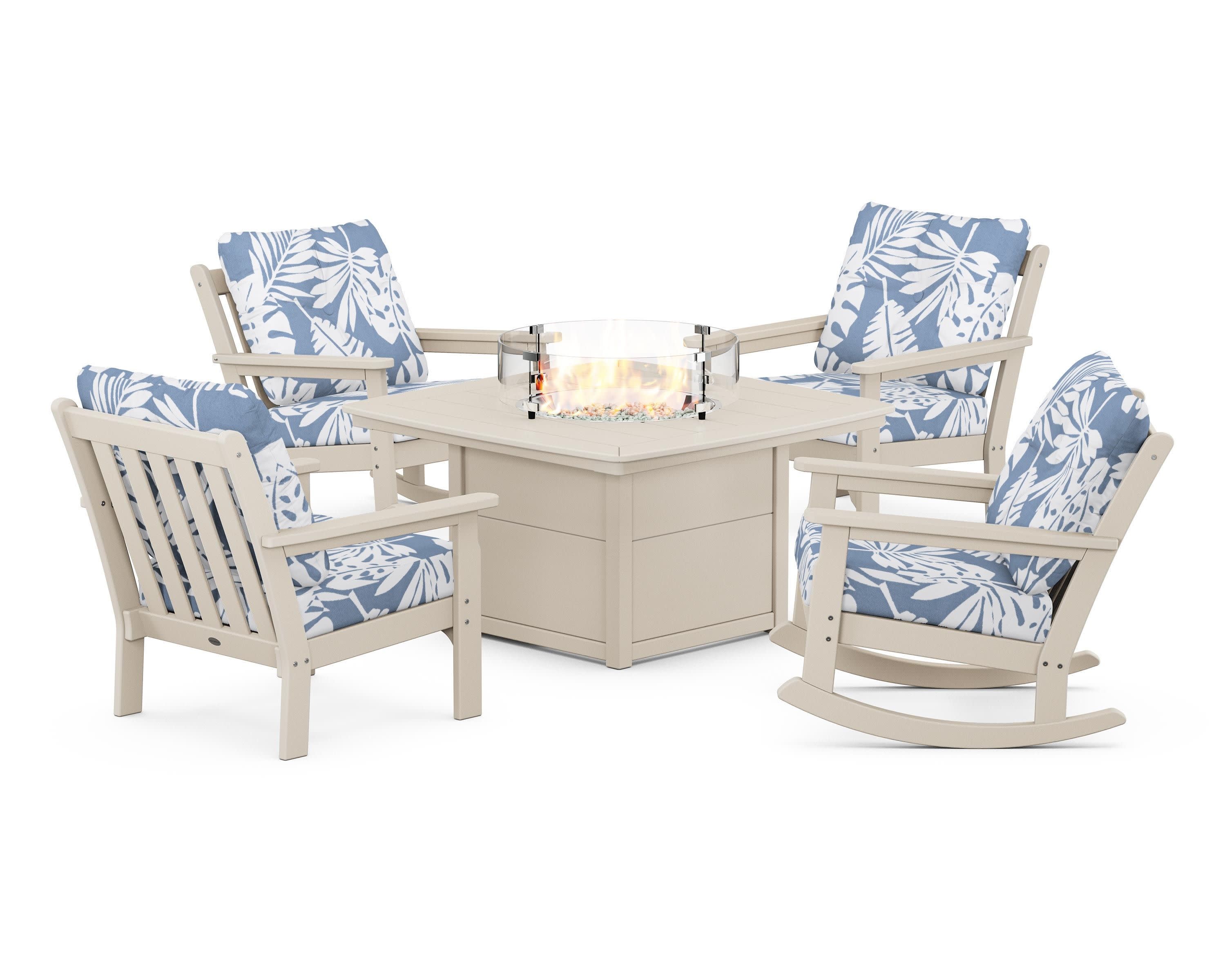 Vineyard 5-Piece Deep Seating Rocking Chair Conversation Set with Fire Pit Table in Sand / Leaf Sky Blue
