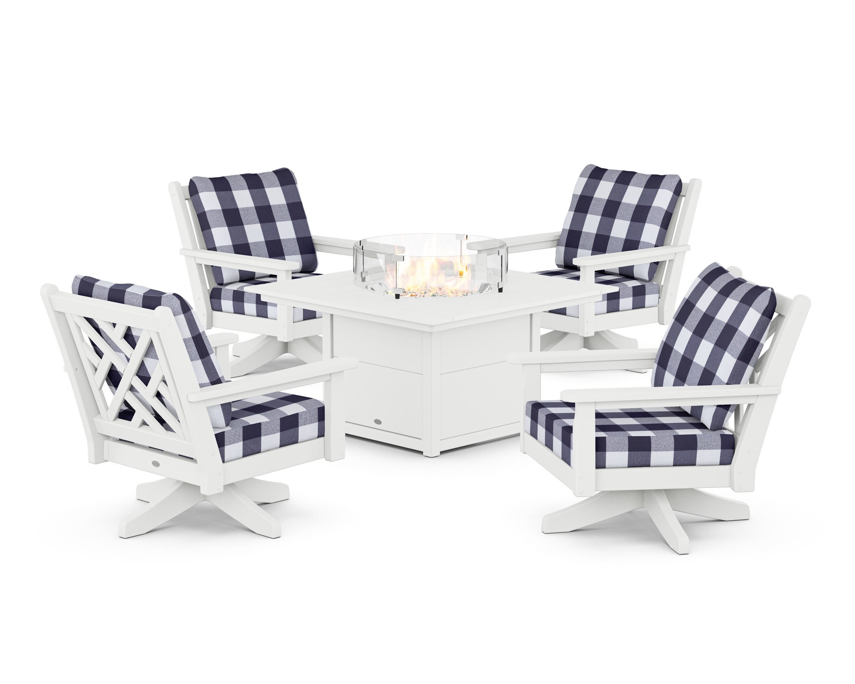 Chippendale 5-Piece Deep Seating Swivel Conversation Set with Fire Pit Table in White / Buffalo Plaid Navy