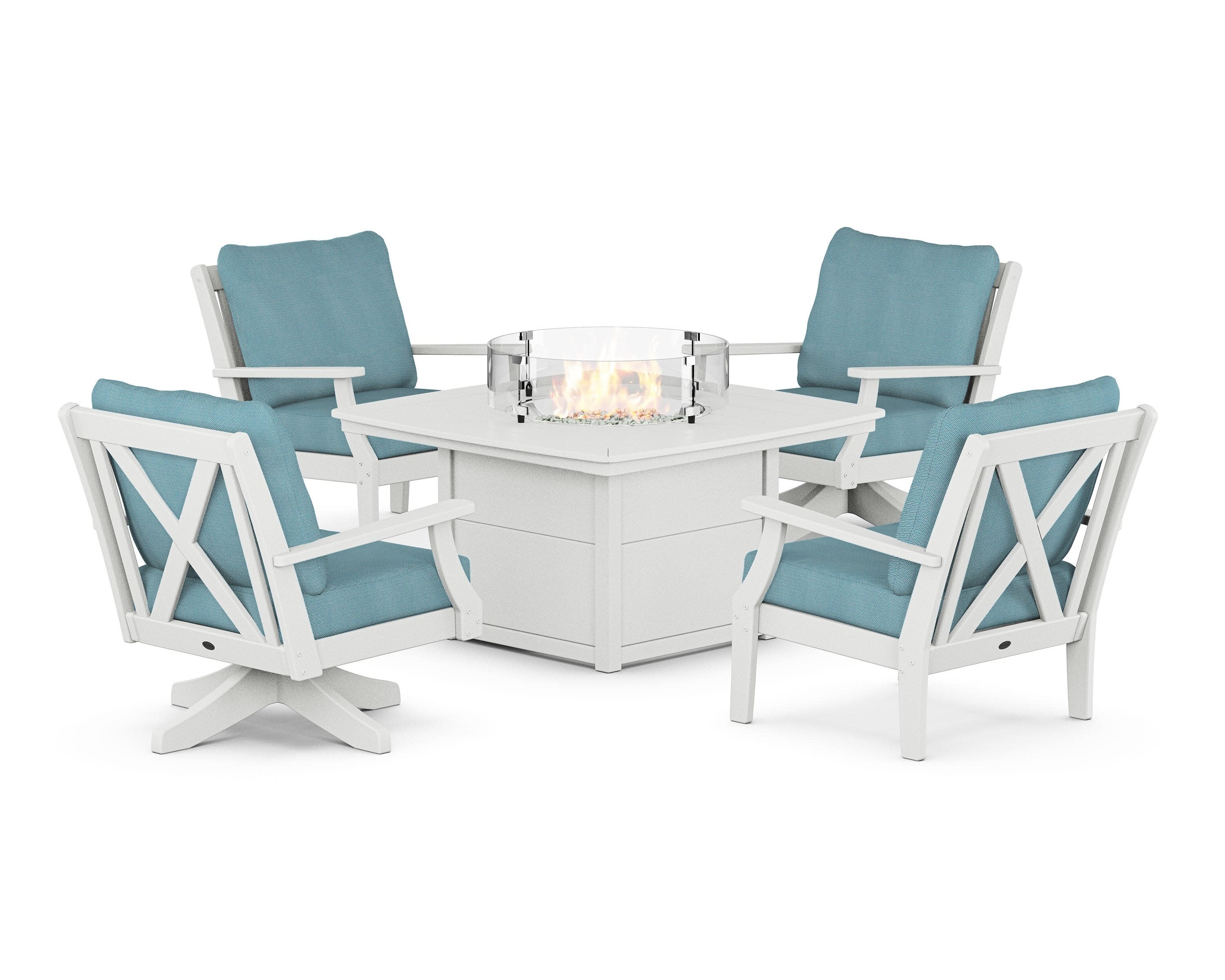 Braxton 5-Piece Deep Seating Set with Fire Table in White / Lattice Sky Blue