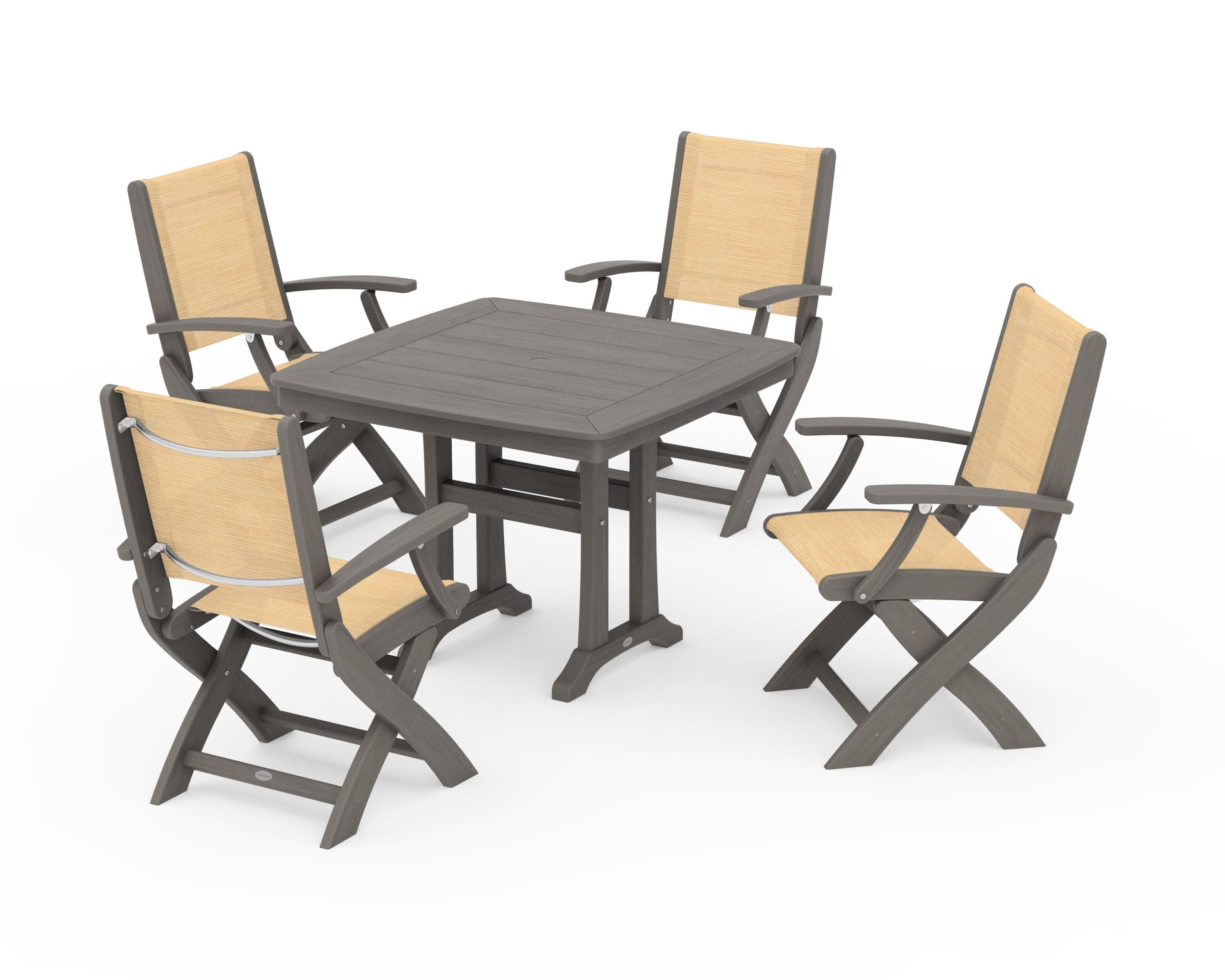 Coastal Folding Chair 5-Piece Dining Set with Trestle Legs in Driftwood / Dupioni Apricot Sling