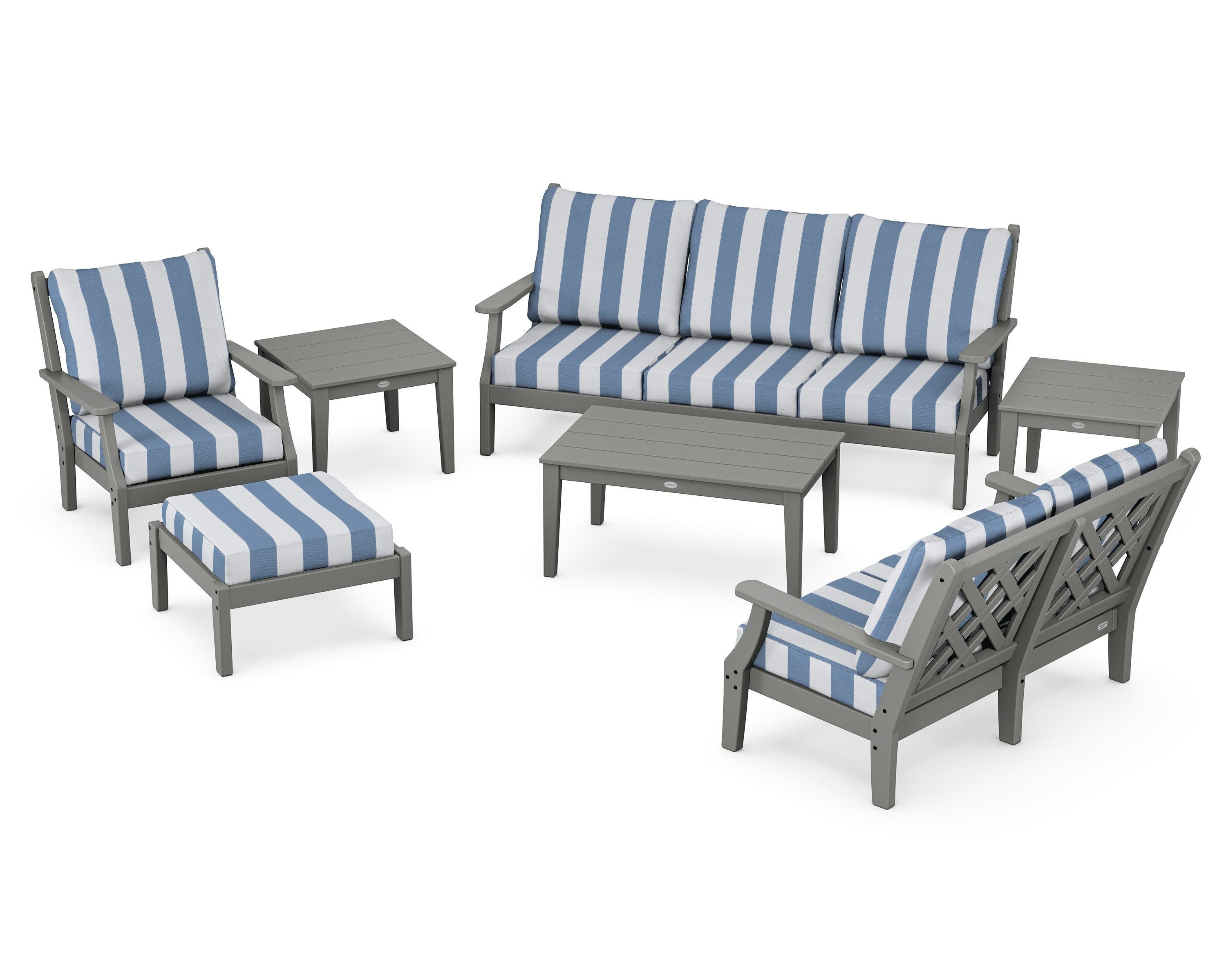 Wovendale 7-Piece Deep Seating Set in Slate Grey / Cabana Stripe Sky Blue