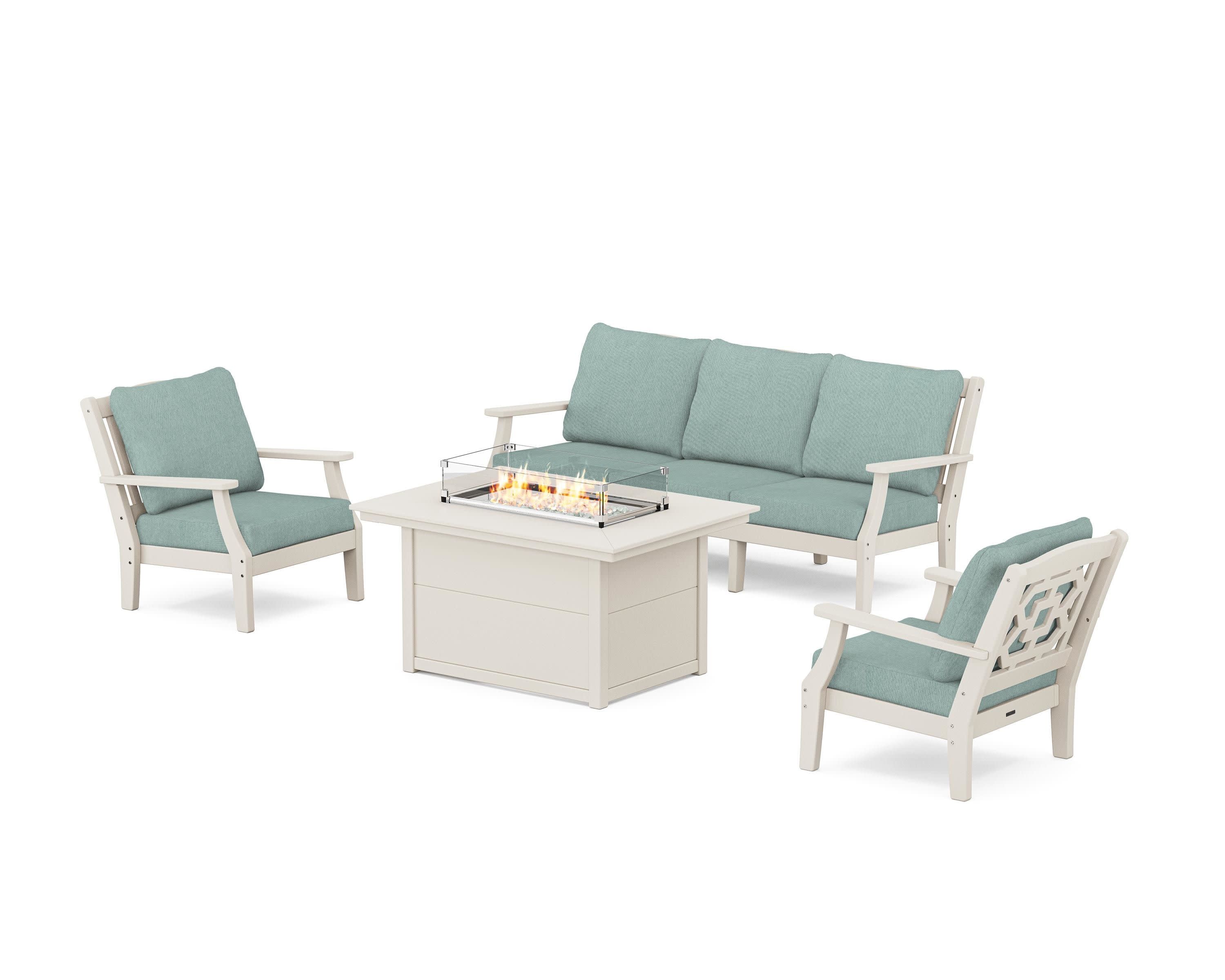 Chinoiserie Deep Seating Fire Pit Table Set in Sand / Glacier Spa