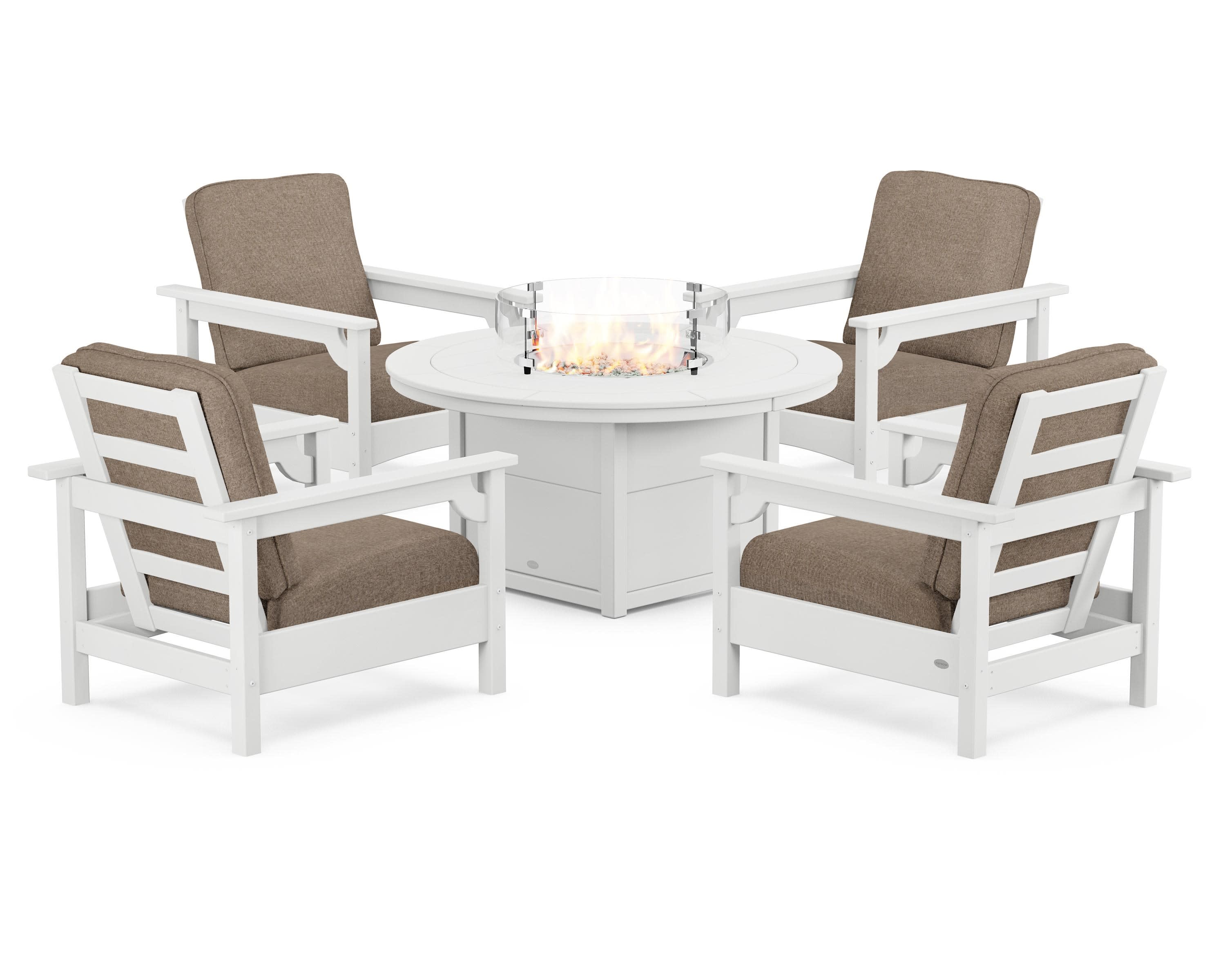 Club 5-Piece Conversation Set with Fire Pit Table in White / Spiced Burlap
