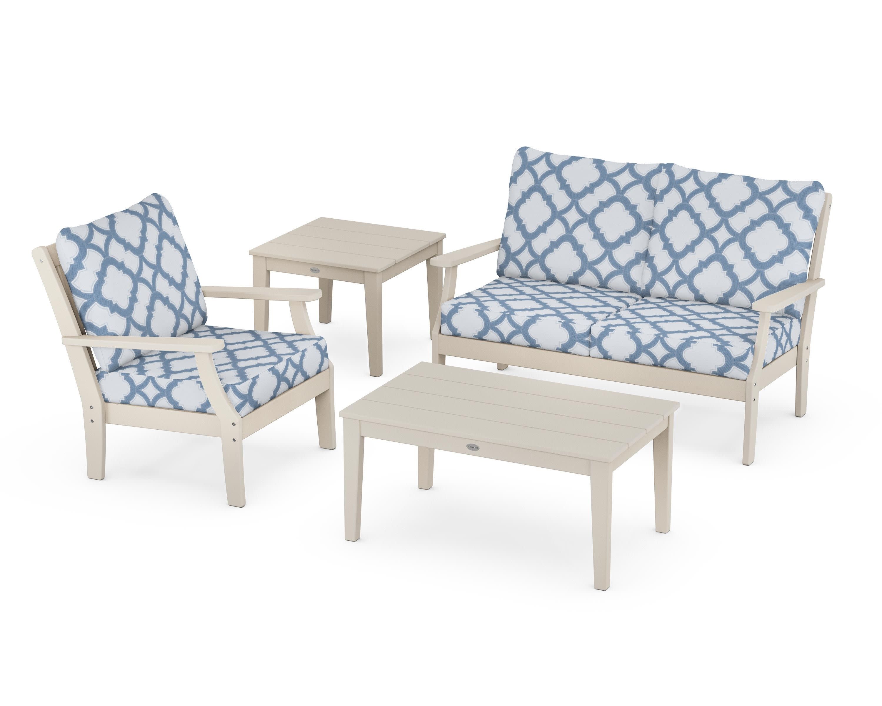 Braxton 4-Piece Deep Seating Set in Sand / Trellis Sky Blue