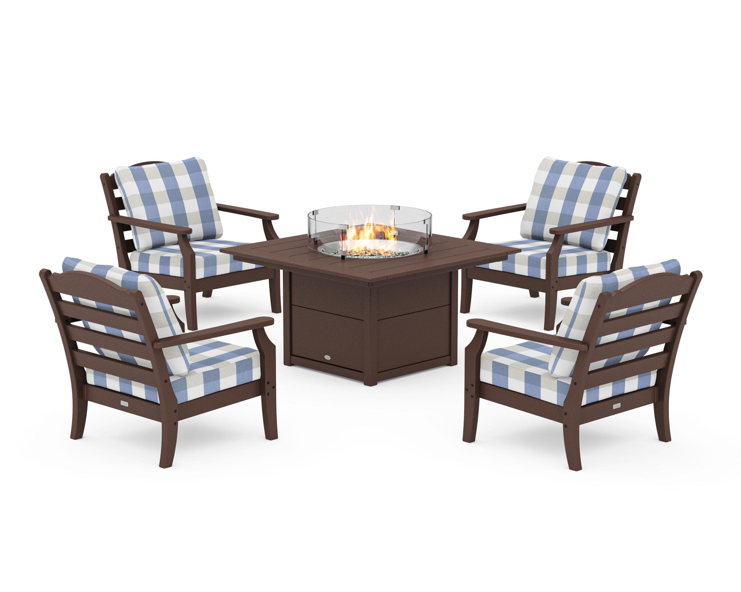 Savannah 5-Piece Deep Seating Set with Fire Pit Table in Mahogany / Buffalo Plaid Sky Blue