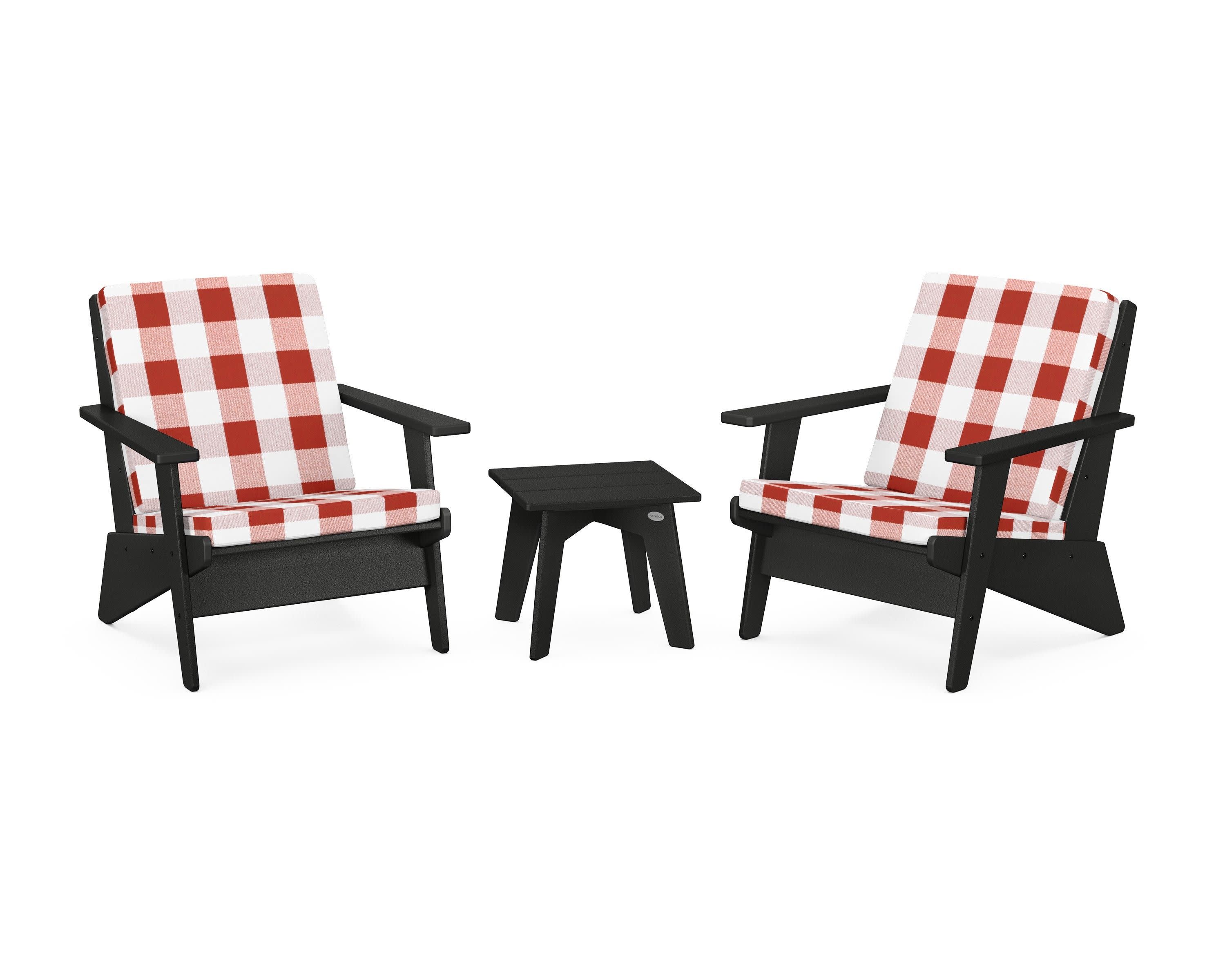 Riviera Modern Lounge 3-Piece Set in Black / Buffalo Plaid Crimson