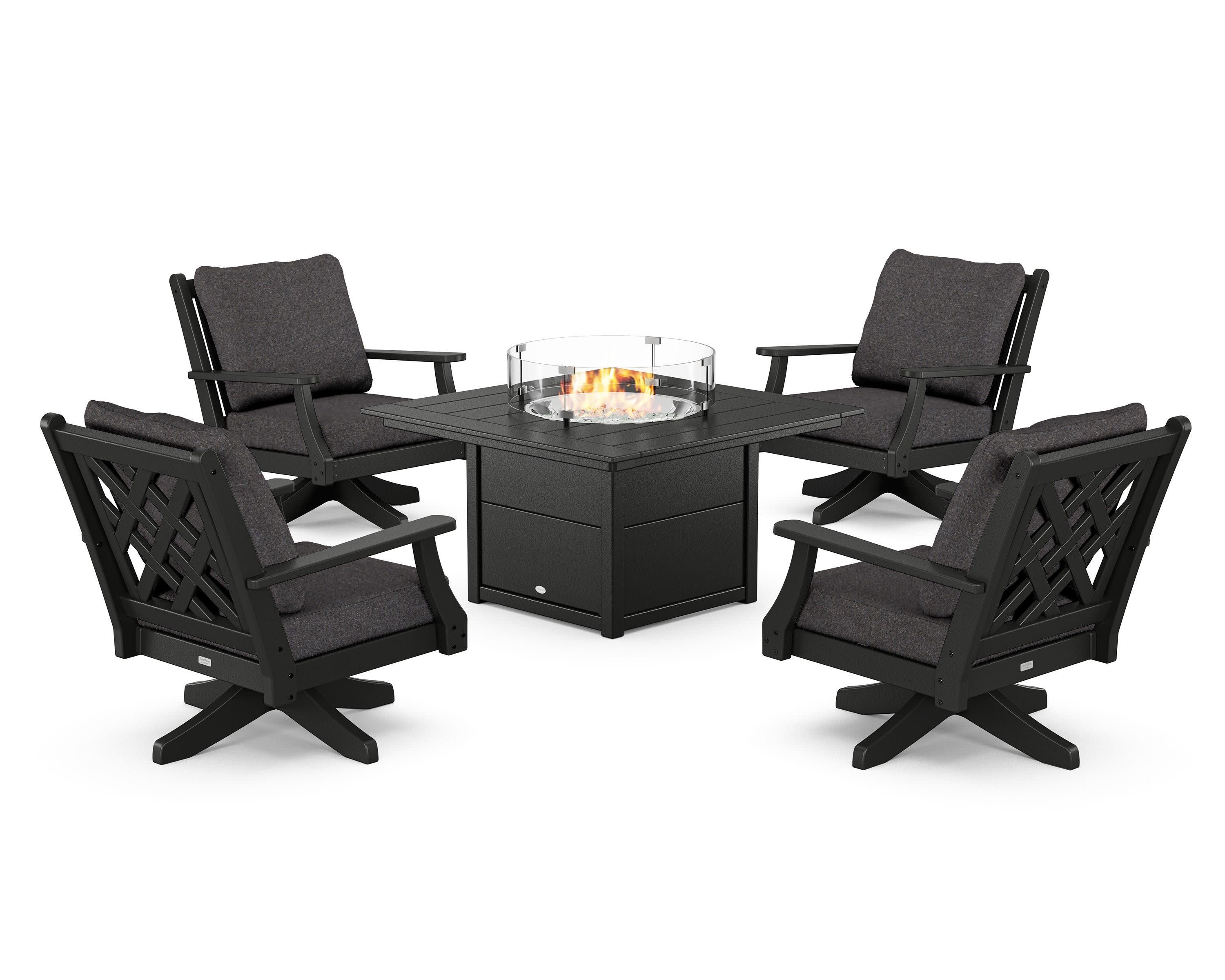 Wovendale 5-Piece Deep Seating Swivel Conversation Set with Fire Pit Table in Black / Ash Charcoal