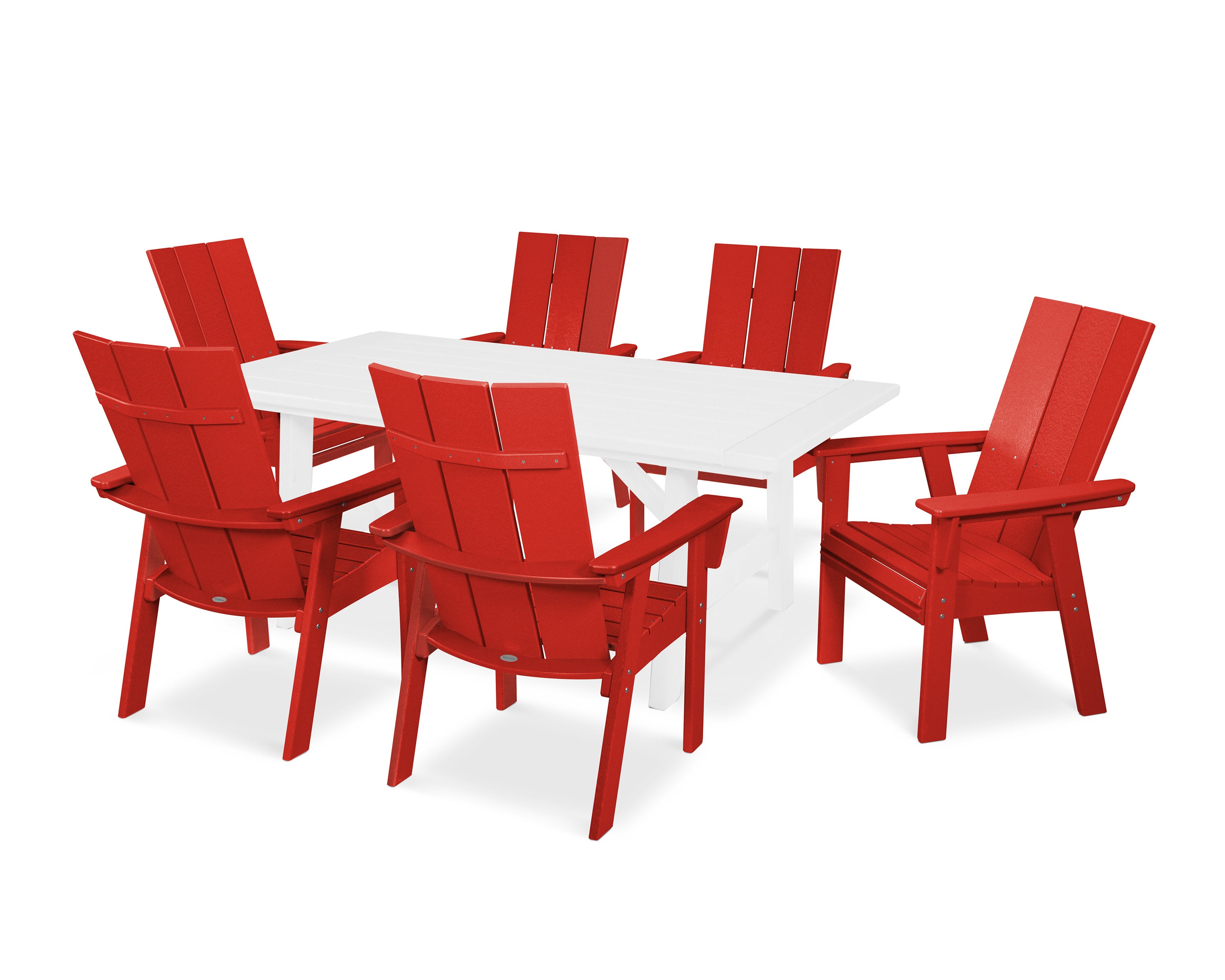 Modern Curveback Adirondack 7-Piece Rustic Farmhouse Dining Set in Sunset Red / White