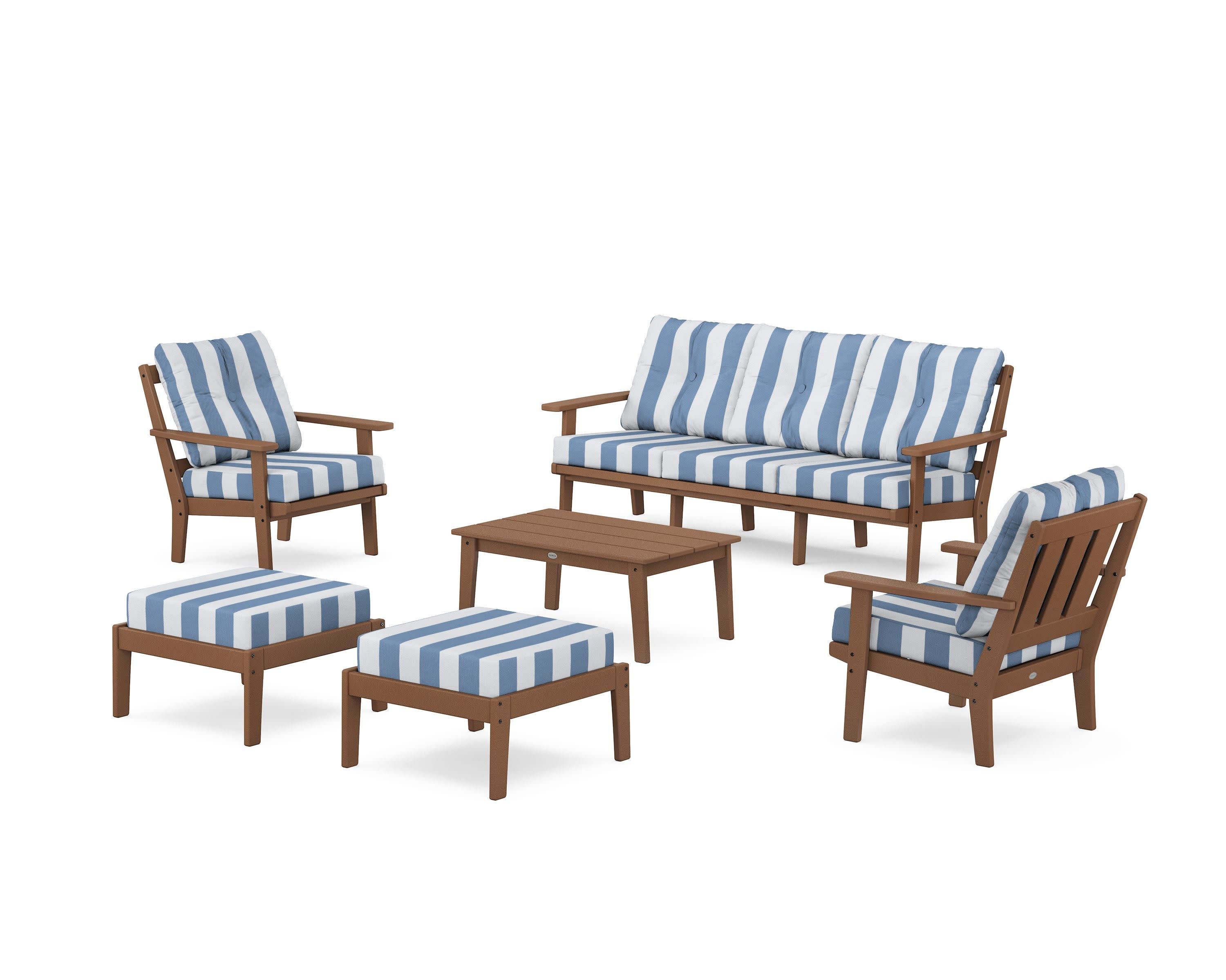 Oxford 6-Piece Lounge Sofa Set in Teak / Cabana Stripe Sky Blue