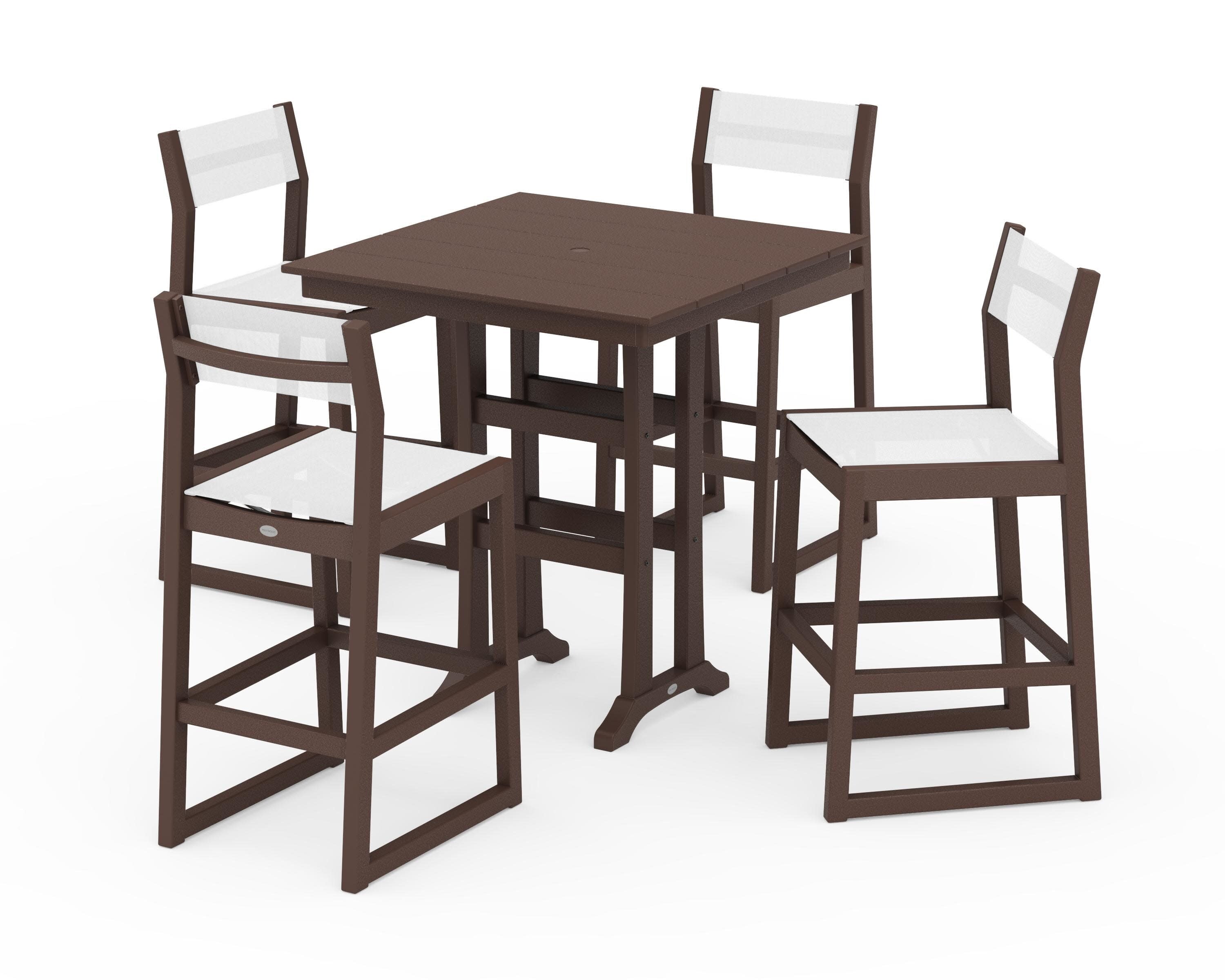 EDGE Sling Arm Chair 5-Piece Farmhouse Bar Set with Trestle Legs in Mahogany / White Sling