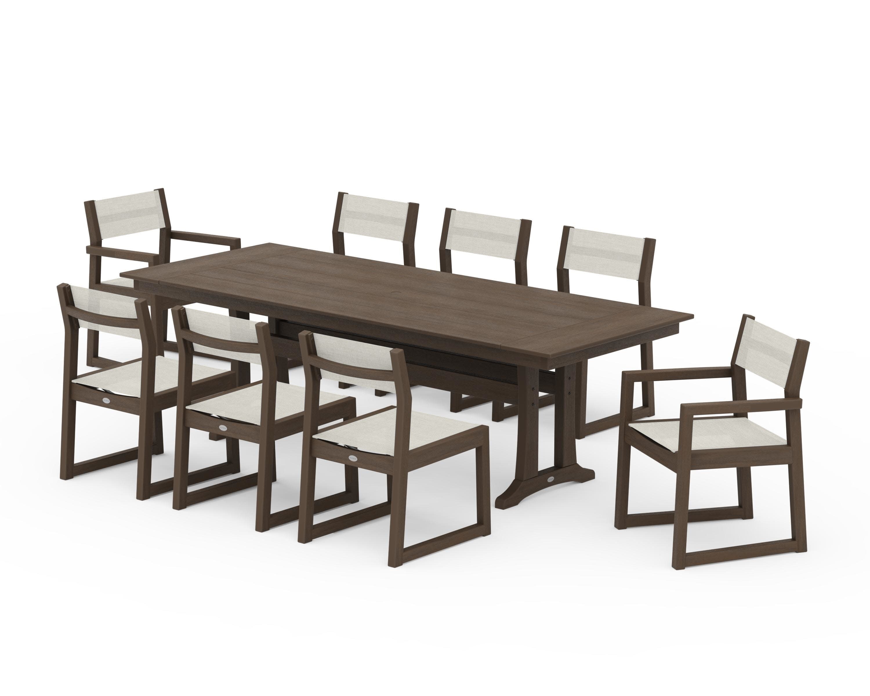 EDGE Sling 9-Piece Farmhouse Trestle Dining Set in Kona / Parchment Sling