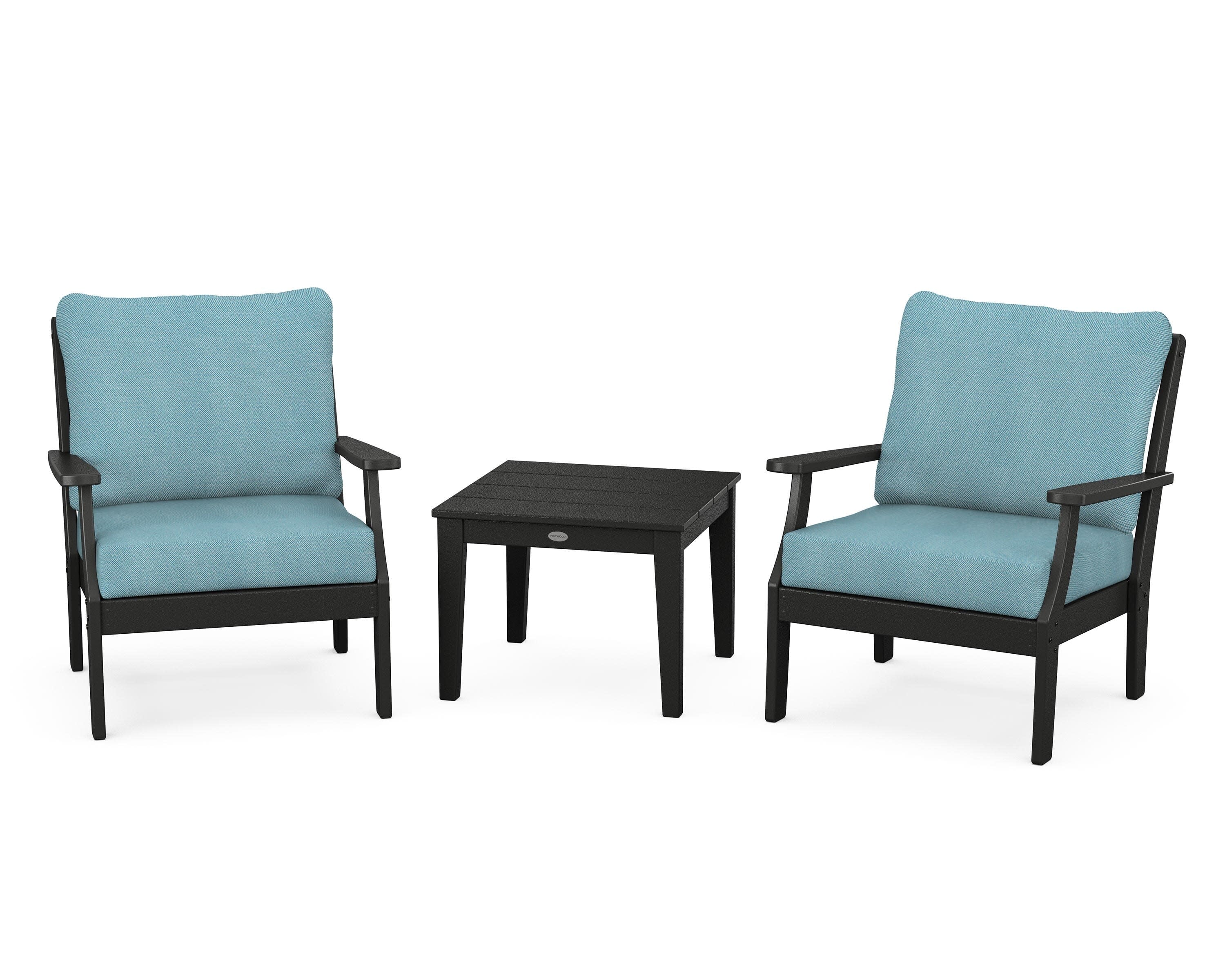 Braxton 3-Piece Deep Seating Set in Black / Lattice Sky Blue