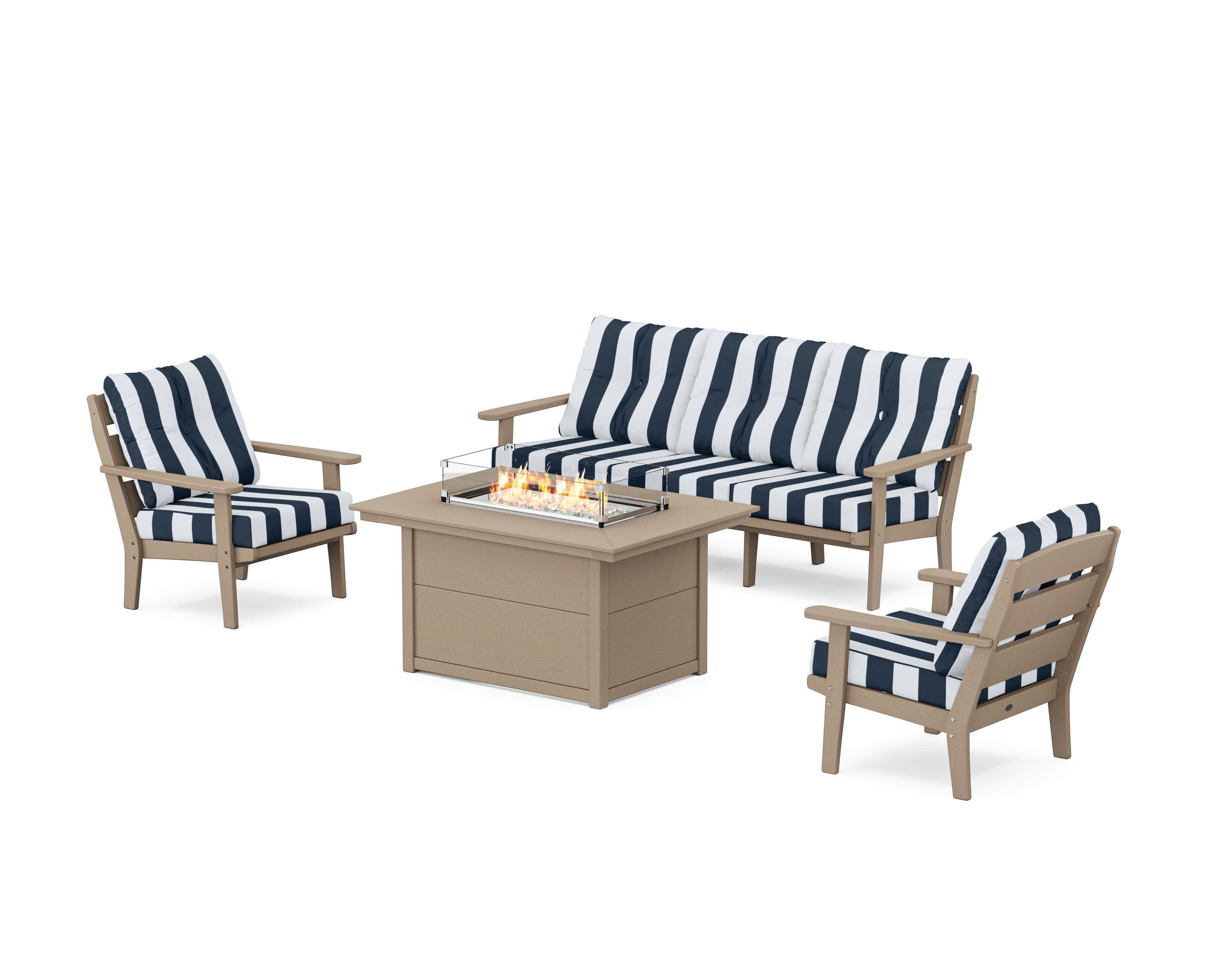 Lakeside Deep Seating Fire Pit Table Set in Vintage Sahara / Cabana Stripe Marine Indigo