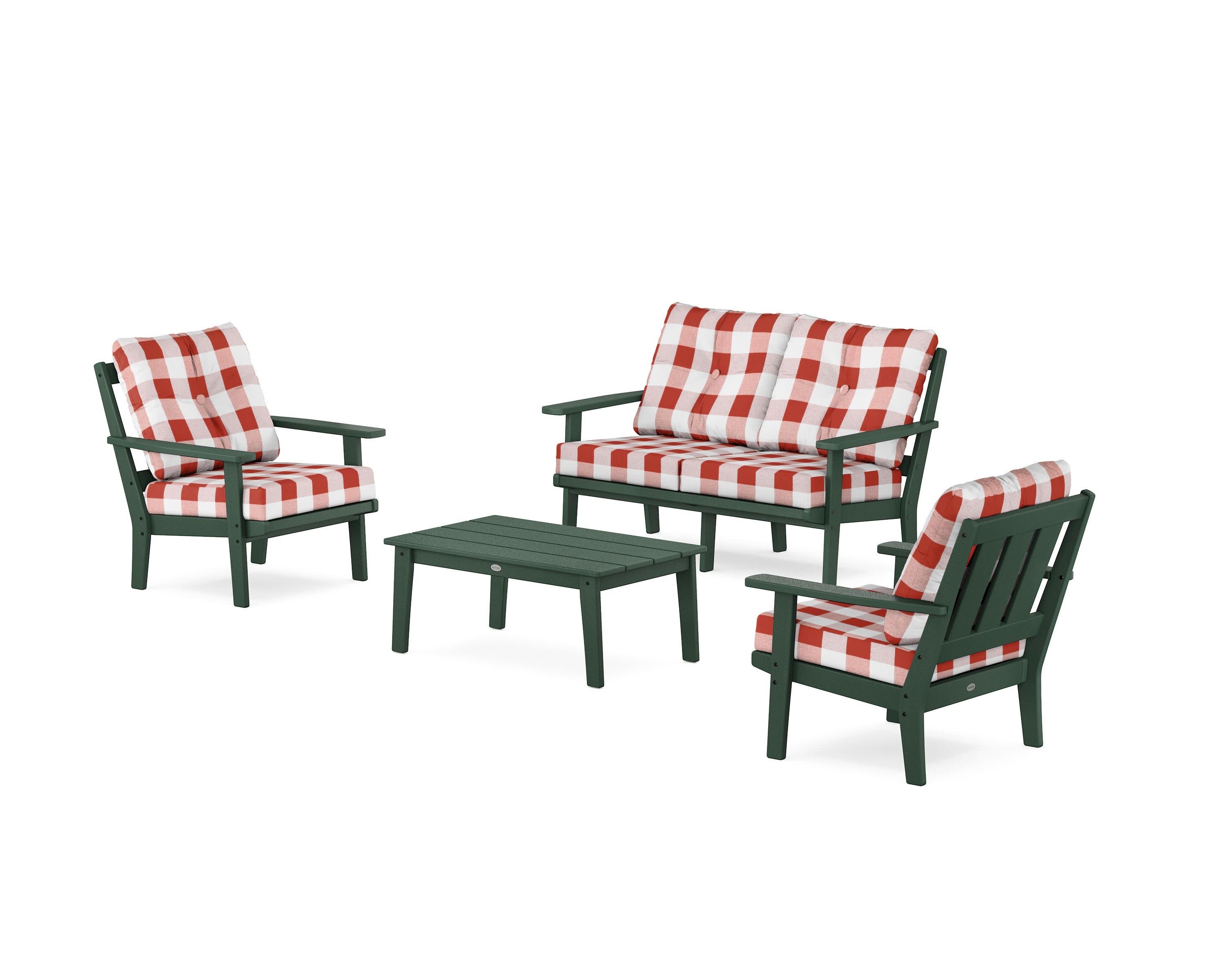 Oxford 4-Piece Deep Seating Set with Loveseat in Green / Buffalo Plaid Crimson