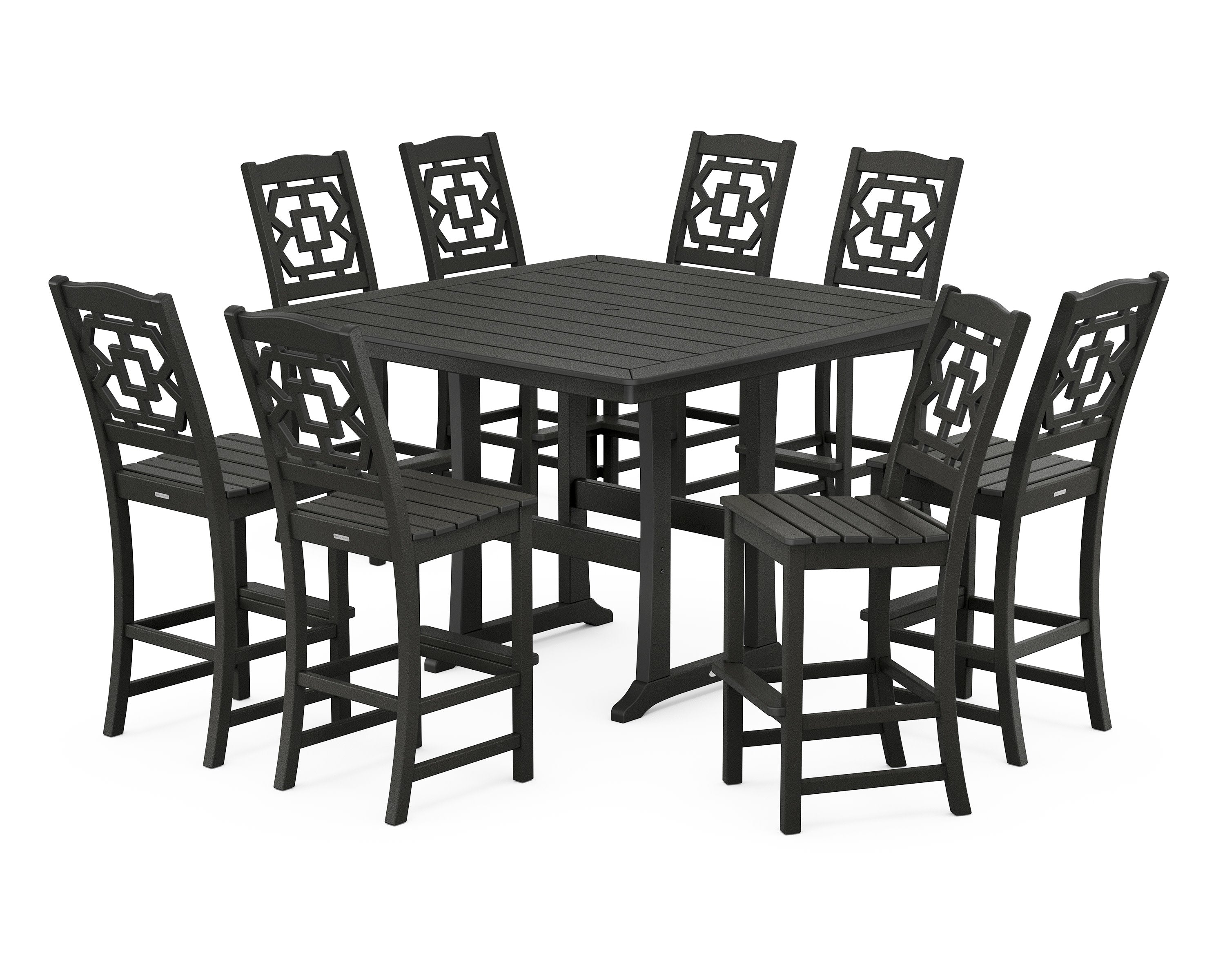 Chinoiserie 9-Piece Square Side Chair Bar Set with Trestle Legs in Black
